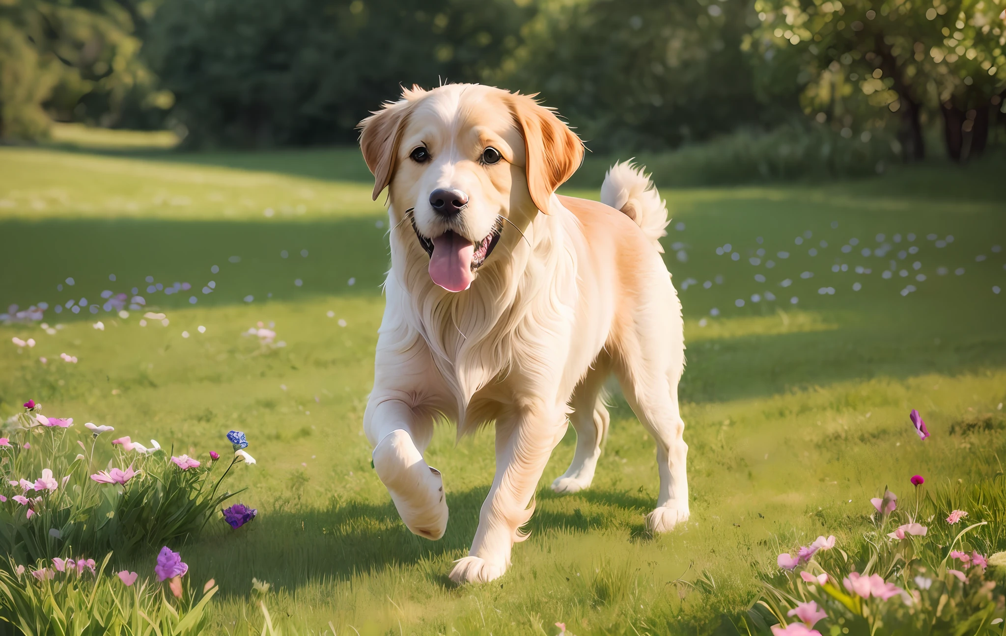 1 Golden Retriever Dog, young, champagne dog, full body champagne dog hair, dog eyes, running, during the day, running on the grassland full of flowers, filled with beautiful flowers, long hair, beautiful detailed eyes, extremely detailed eyes and face, light on face, cute, best quality, masterpiece, illustration, an extremely delicate and beautiful, extremely detailed ,CG ,unity ,8k wallpaper, Amazing, finely detail, masterpiece, best quality, official art, extremely detailed CG unity 8k wallpaper, ultra-detailed, highres, extremely detailed, (best quality), (realistic, photo-realistic:1.2), 8k, soft lighting, high quality, official art, extremely detailed CG unity 8k wallpaper, cinematic lighting.