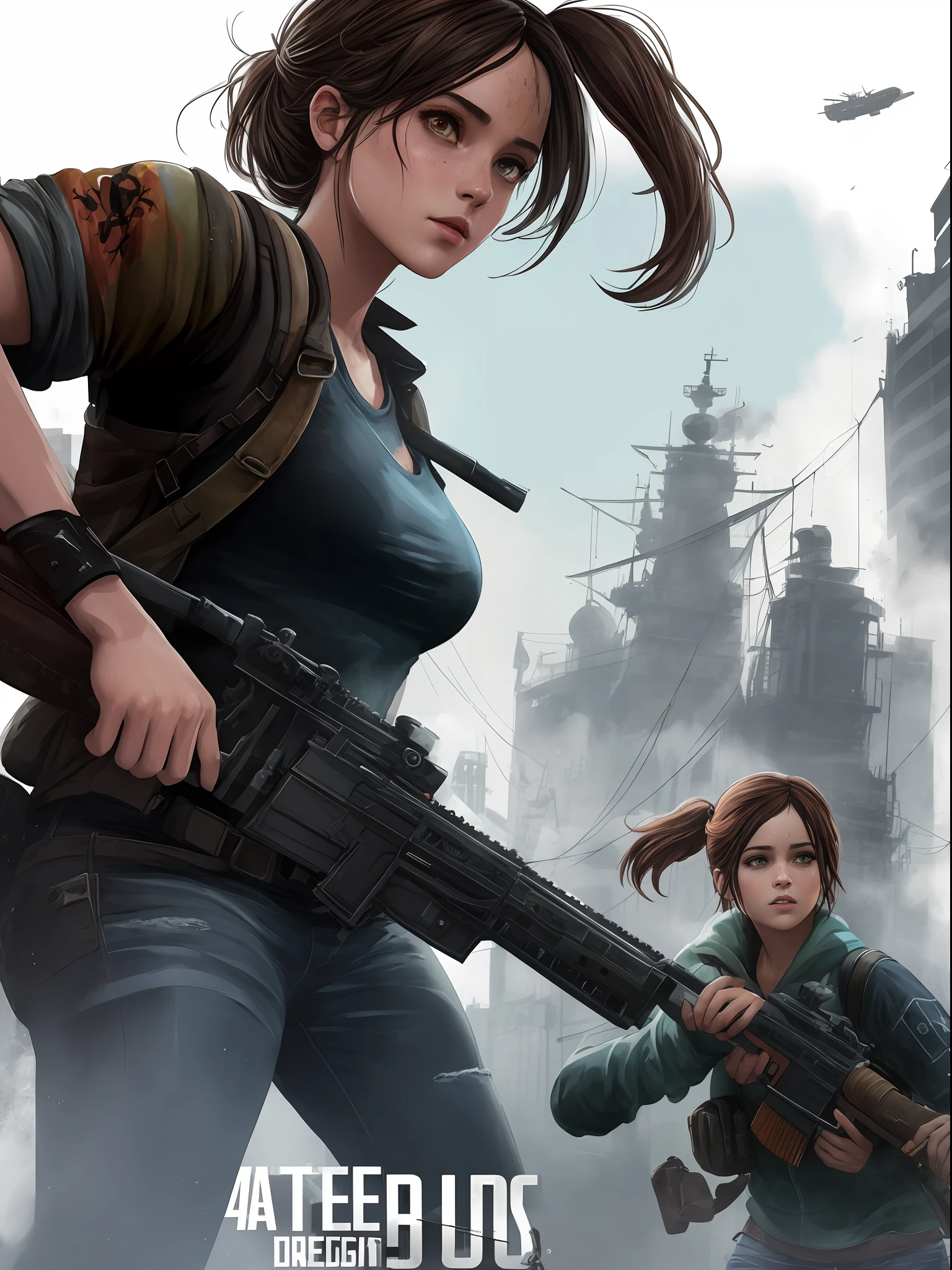 design de camiseta, 2d illustration, Arte centralizada, fundo zumbis, rosto de EllieThe Last Of Us Game, menina armada, cores goticas, climate of tension and terror, Adobe Illustration, trending on ArtStation, 8k, disco Rigid, obra-prima, magnificent art, detalhes intrincados, -