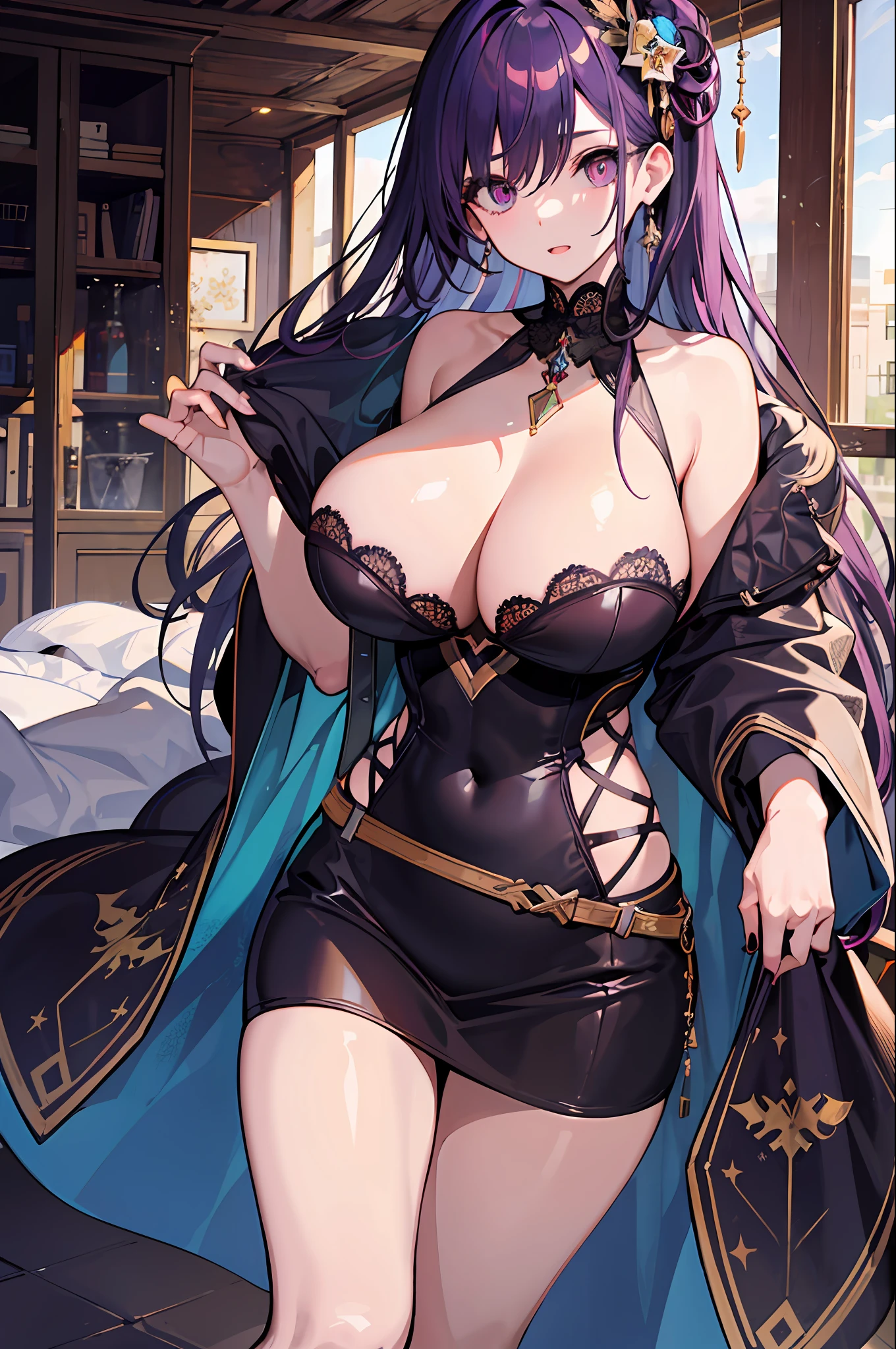 a masterpiece of, beste-Qualit, 8K quality，1girl huge large breasts, finely quality eyes, looking looking at viewer，Countess，purple color  hair