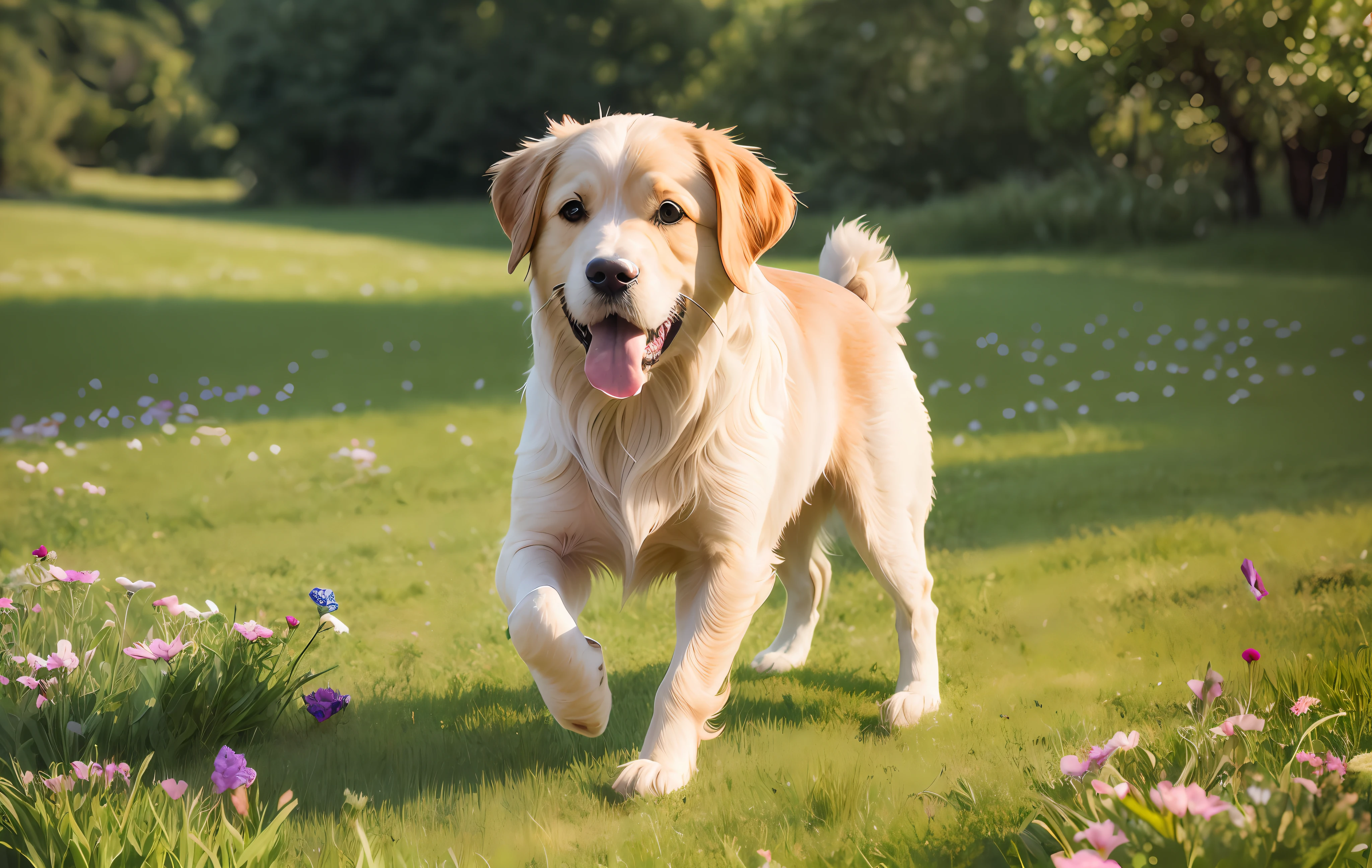 1 Golden Retriever Dog, young, champagne dog, full body champagne dog hair, dog eyes, running, during the day, running on the grassland full of flowers, filled with beautiful flowers, long hair, beautiful detailed eyes, extremely detailed eyes and face, light on face, cute, best quality, masterpiece, illustration, an extremely delicate and beautiful, extremely detailed ,CG ,unity ,8k wallpaper, Amazing, finely detail, masterpiece, best quality, official art, extremely detailed CG unity 8k wallpaper, ultra-detailed, highres, extremely detailed, (best quality), (realistic, photo-realistic:1.2), 8k, soft lighting, high quality, official art, extremely detailed CG unity 8k wallpaper, cinematic lighting.