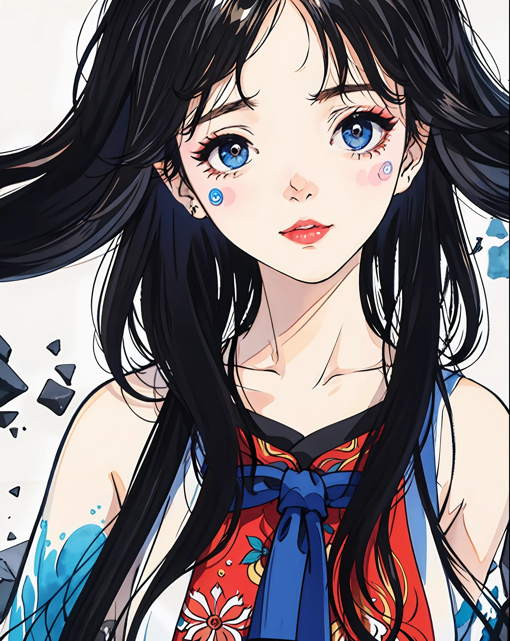 stechu,(white background:1.4), ((tachi-e)), original,(illustration:1.1),(best quality),(masterpiece:1.1),(extremely detailed CG unity 8k wallpaper:1.1), (colorful:0.9),(panorama shot:1.4),(solo:1.2), (ink splashing),(color splashing),((watercolor)), clear sharp focus,{ 1girl standing },((korean style )),flower background,outdoors,rocks, looking at viewer, soft smile,pure,beautyfull detailed face and eyes,beautyfull intricacy clothing decorative pattern details, black hair,black eyes,colorwater