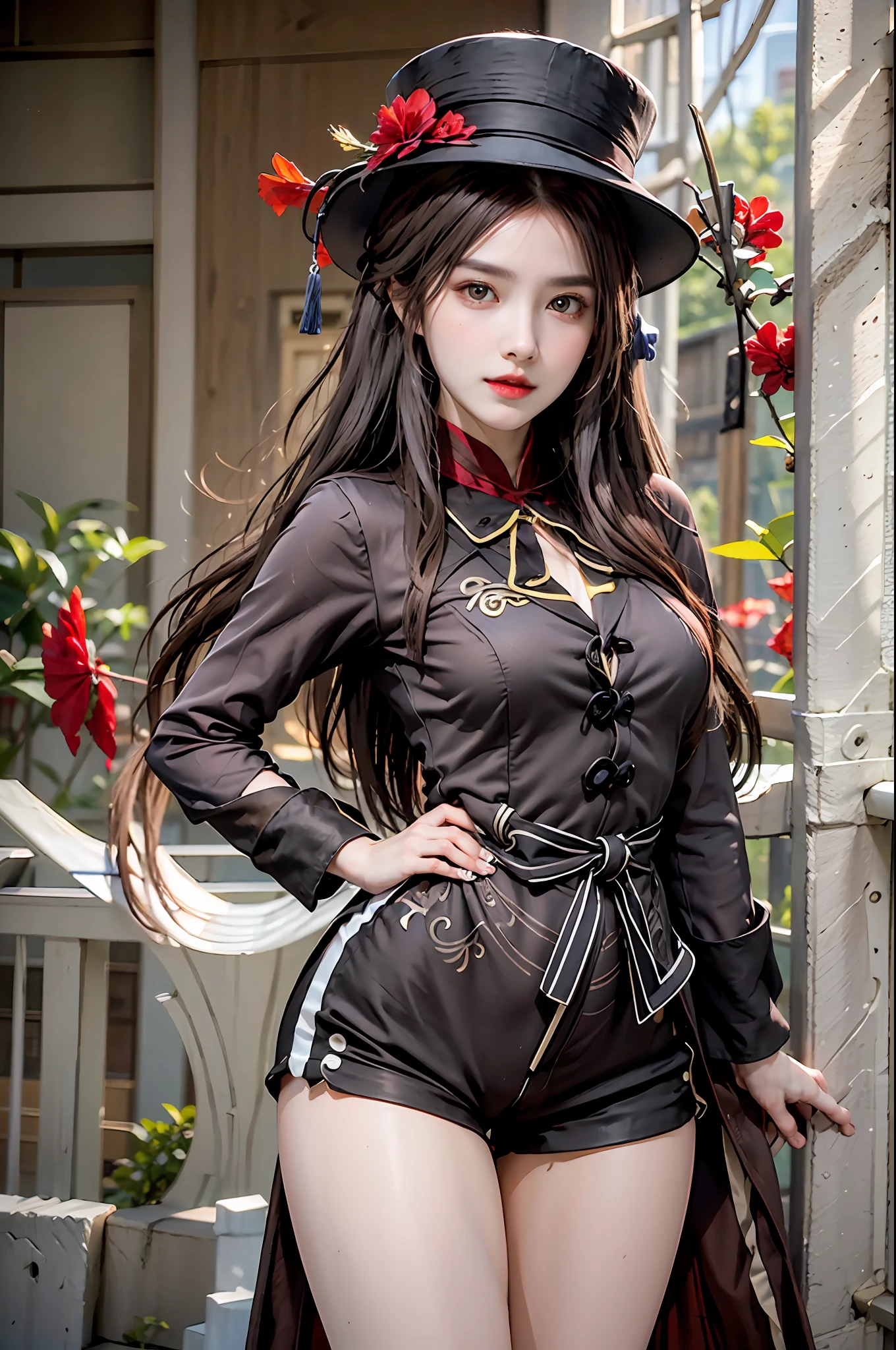 photorealistic, high resolution, 1 girl, hips up, long hair, beautiful eyes,hat_flower, top hat, brown_hair, closed_mouth, hibiscus, red_rose, spider_lily, bangs, brown dress coat, shorts, thick thighs, hu tao \(genshin impact\