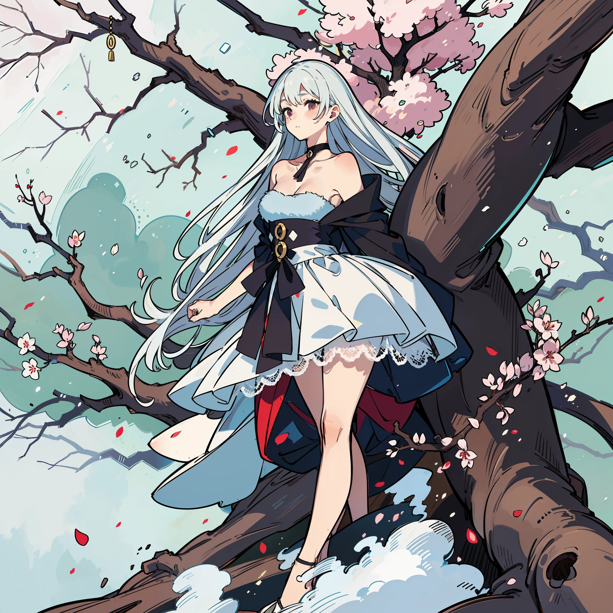 Leaning on the trunk of a winter plum tree，Leaning on the trunk of a winter plum tree，Leaning on the trunk of a winter plum tree，slender leg，Silver long hair hair，lace choker，Royal sister，Silk stockings，Long sleeveless skirt，Anterior convex and posterior