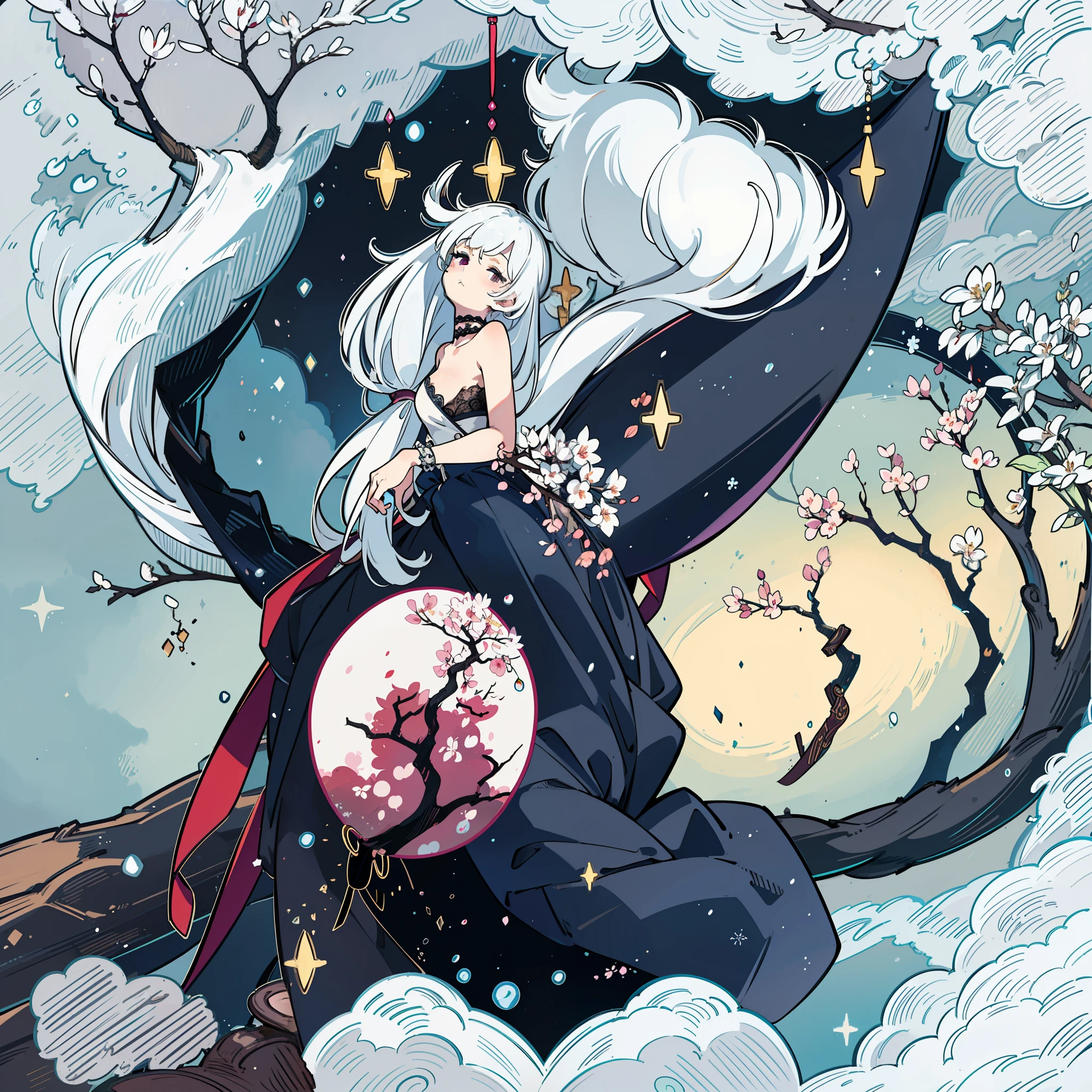 Leaning on the trunk of a winter plum tree,Leaning on the trunk of a winter plum tree,Leaning on the trunk of a winter plum tree,slender leg,Silver long hair hair,lace choker,Royal sister,Silk stockings,Long sleeveless skirt,Anterior convex and posterior