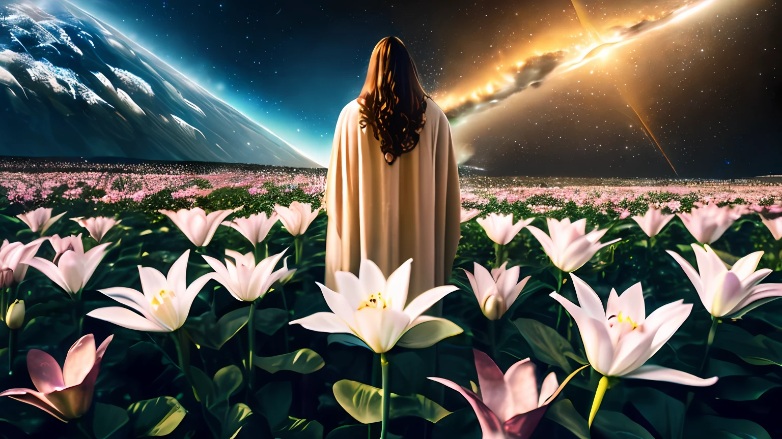 super high res, melhor qualidade, foto, 16k, (fotorrealista: 1.2), cinematic lightingjesus in the midst of the lilies of the field.  envolto por uma aura radiante. cosmic background, em mantos brancos brilhantes , cercado pelos esplendores do universo. Pay meticulous attention to stunning details and achieve a resolution of 64K for an immersive and realistic visual experience. Let your work capture the essence of myth and wonder, deixando os espectadores maravilhados com sua beleza e poder.