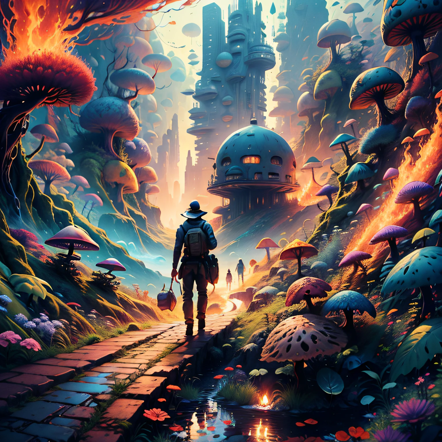 FIRE ON THE WATER SURFACE illustration, extremely bold outline, flash, tribal, hacking culture cyberpunk background, whimsical and creativity, vibrant color, acrylic illustration, pixiv, 12K, very best quality, hyper detailed, +4 different characters but the same styling,