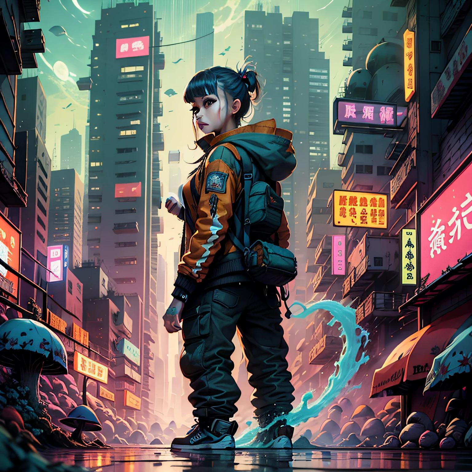 FIRE ON THE WATER SURFACE illustration, extremely bold outline, flash, tribal, hacking culture cyberpunk background, whimsical and creativity, vibrant color, acrylic illustration, pixiv, 12K, very best quality, hyper detailed, +4 different characters but the same styling,