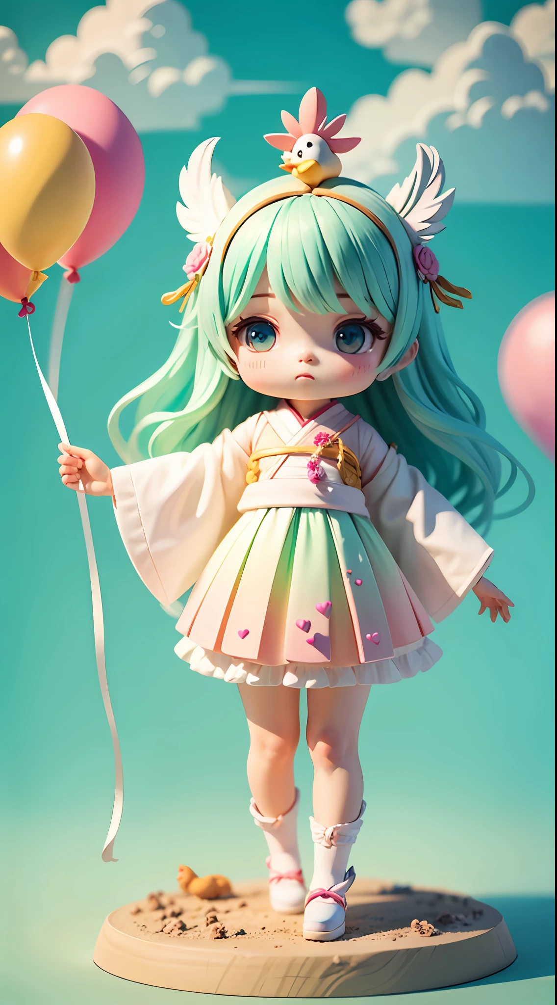 anthro rooster，Cute healing，wearing a hanfu，Chicken crown feathers on the head， fluffly， Feather rainbow color，gradient pink （（Best Quority））， （（a masterpiece of））， （ extremedetailed， highest details， offcial art， Beauty and artistic aesthetics：1.2）， depth of ﬁeld， Composition full body，（Chibi T-Shi），（Beautiful and delicate eyes：1.3），(Light mint green and gradient white)，Popmart blind box，Clay texture，(Heart-shaped transparent balloon，Clouds decorate background)