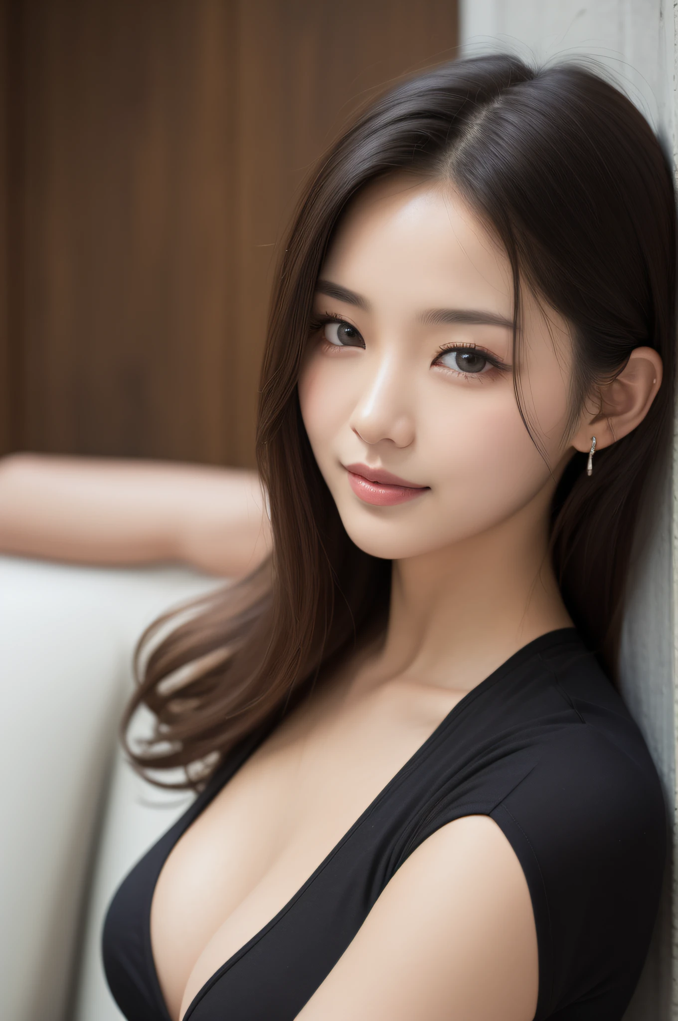 ((best quailty、8K、a masterpiece of:1.3))、foco nítido:1.2、(ultra beautiful face:1.0)、(Slender Abs Beauty:1.0)、(shinny skin:1.0)、photograph realistic、Black-haired、Video Lighting、High-definition eyes and face、Video Lighting、(cow-boy shot:1.3)、swim wears、(Korean Cute Actress)、from the front side、medium large breasts、A slight smile、Sleeveless