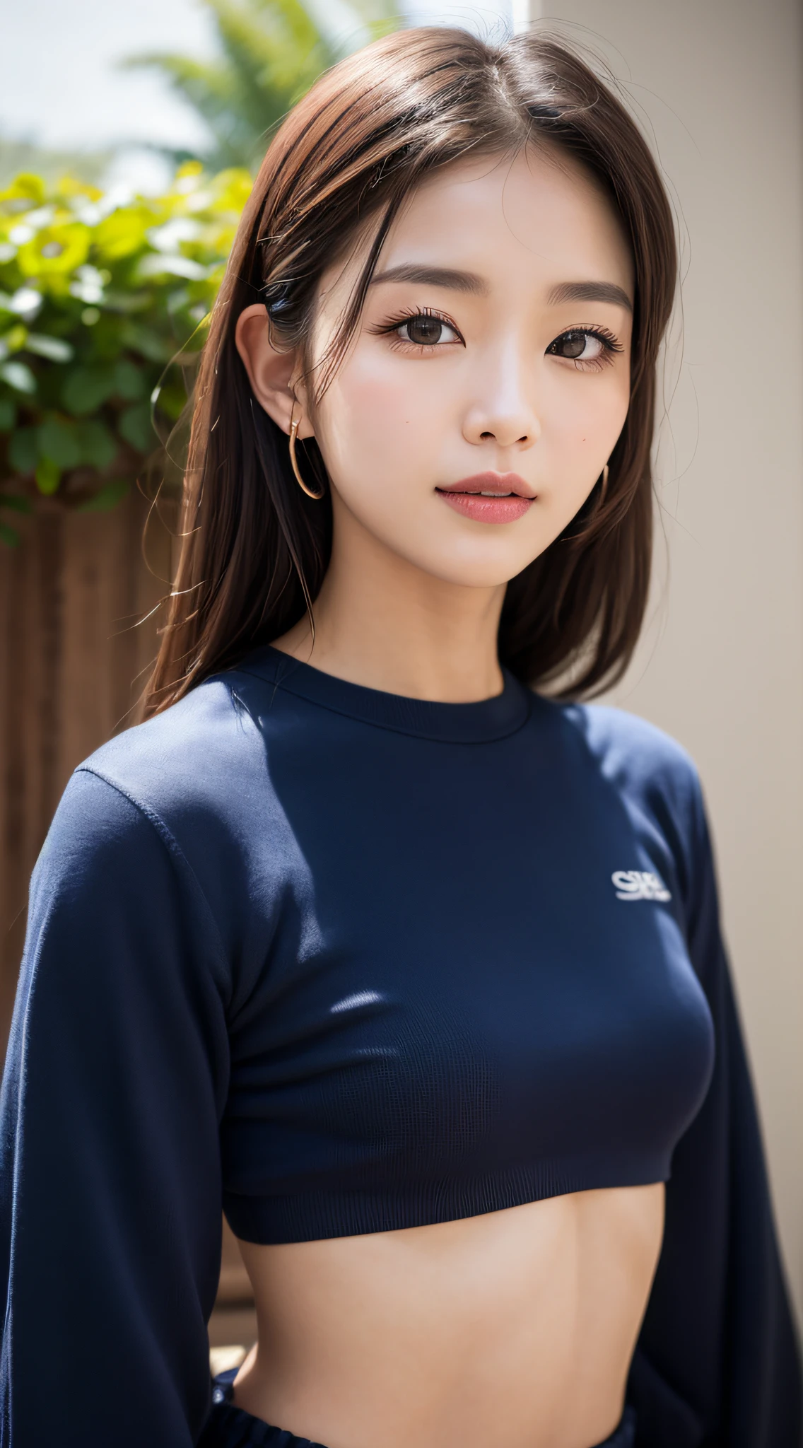 ((best quailty、8K、a masterpiece of:1.3))、foco nítido:1.2、(ultra beautiful face:1.0)、(Slender Abs Beauty:1.0)、(shinny skin:1.0)、photograph realistic、Black-haired、Video Lighting、High-definition eyes and face、Video Lighting、(cow-boy shot:1.3)、swim wears、(Korean Cute Actress)、from the front side、medium large breasts、A slight smile、Sleeveless