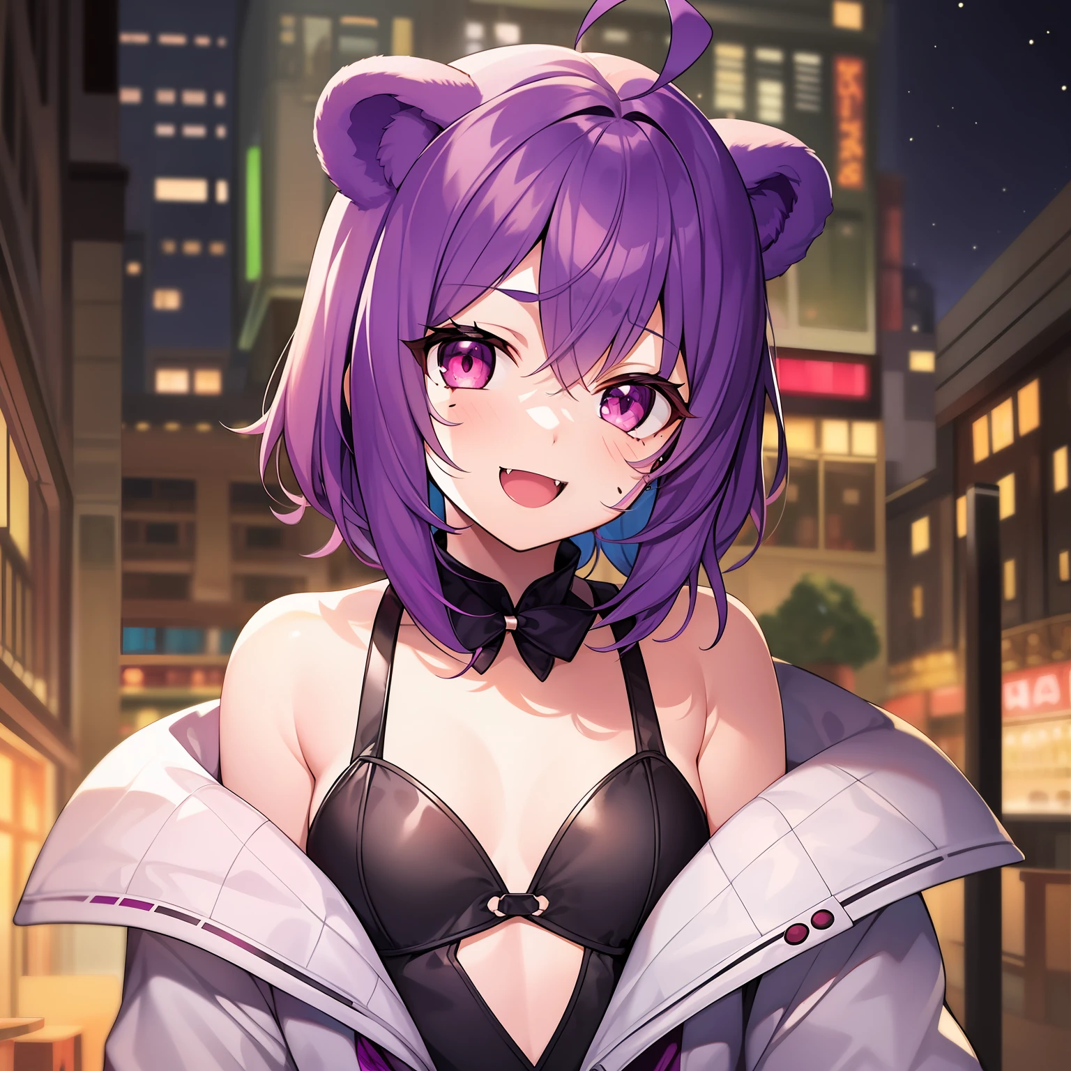 1girl, solo, animal ears, pose, happy, smiling, fangs, purple bear ears, purple hair, looking at viewer, ahoge, bangs, short hair, original character, pink eyes, magenta eyes, red eyes, multicolor eyes, short hair, wavy hair, swept bangs, small breasts, flat chest, bear ears, tired, sleepy, bags under eyes, beauty mark, young, , short eyebrows, bar, nighttime, bar background