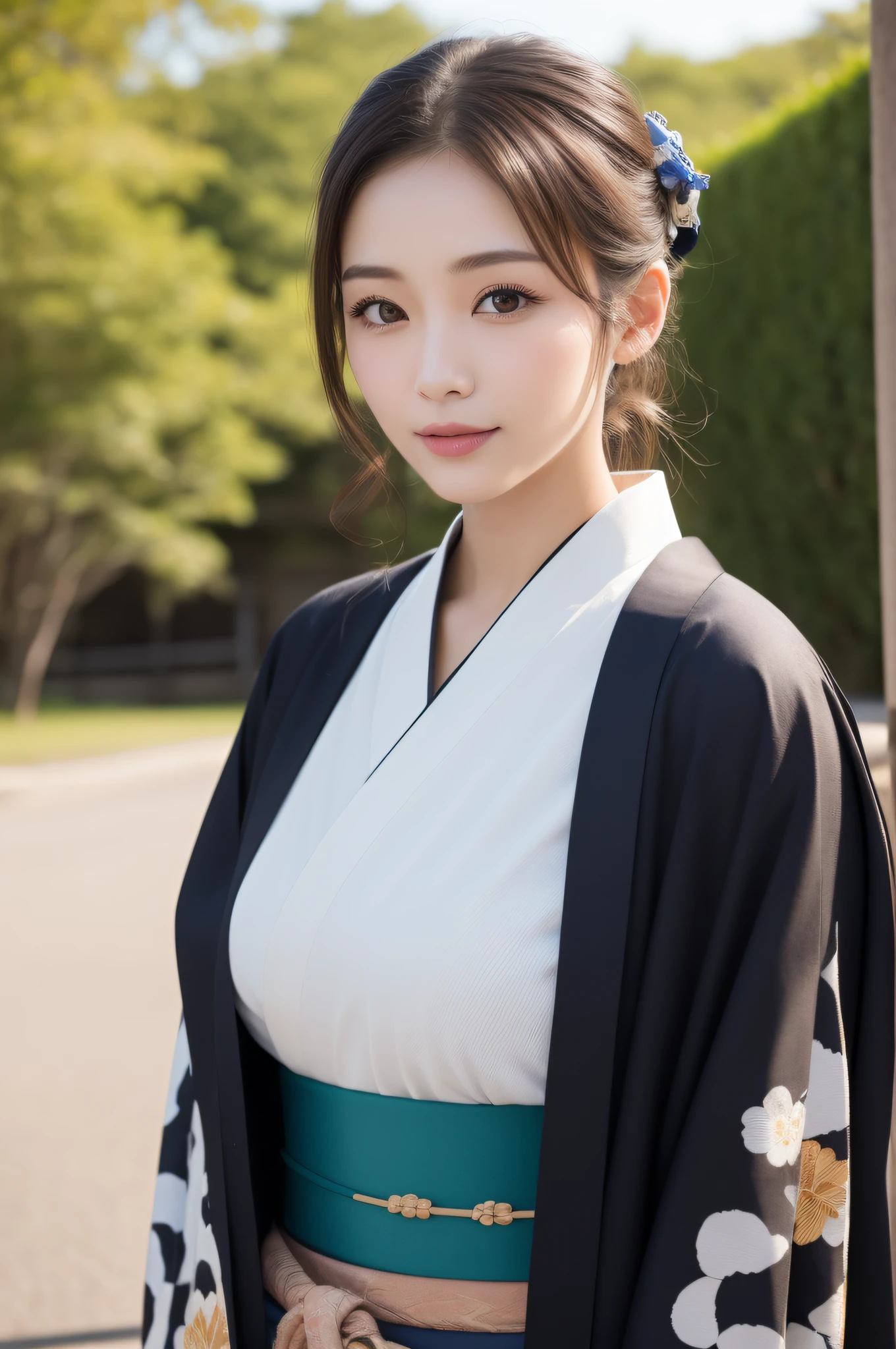 ((beste-Qualit、8K、a masterpiece of:1.3))、foco nítido:1.2、(ultra beautiful face:1.0)、(Slender Abs Beauty:1.0)、(shinny skin:1.0)、photograph realistic、Black-haired、Realistic pupils、Video Lighting、High-definition eyes and face、Video Lighting、(cow-boy shot:1.3)、(Kimono、Hakama、obi:1.4)、(Korean Cute Actress)、Traditional kimono、from the front side、medium large breasts、A slight smile