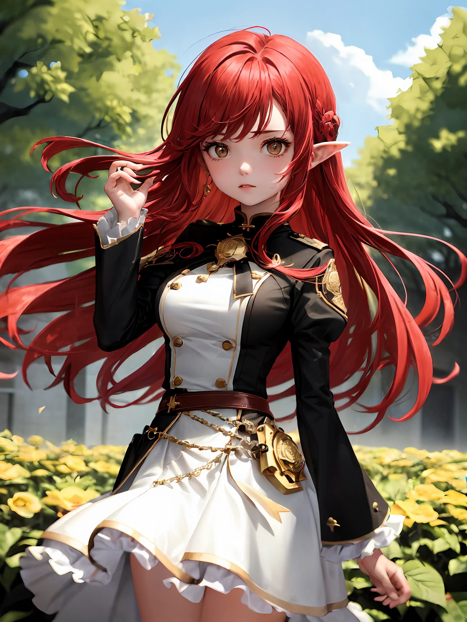 1girl huge large breasts, Single person，Loli， (巨作:1.1), (Best quality:1.1),  Break [Blue:peach red:0.5] Theme, Cowboy shot,Cinematic light， Exquisite facial features，(perfect hand:1.5)，Long red hair，Short white skirt，standingn，flatchest，Garden background