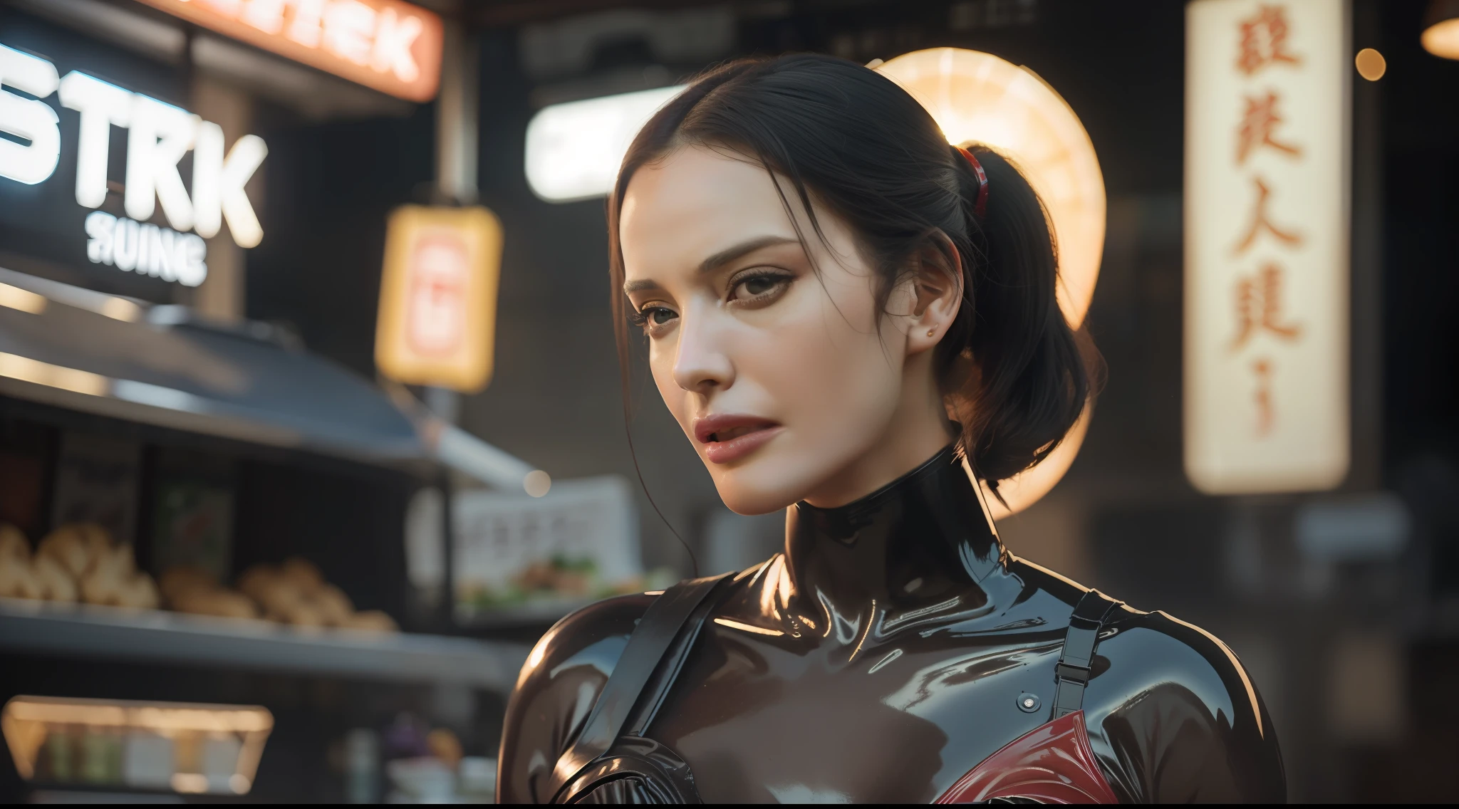 (8k, ARTISTIC photography, best quality, masterpiece: 1.2) ((Eva Green)) film still of  a photorealistic beautiful afro-american woman, ( in front of a Japanese style food vendor wearing a futuristic red latex corset:1.5), cute face, slim body, luxury (edgerunner, geisha dress ):1.25,  black hair, ponytail ((dynamic pose))) over-detailed face,, beautiful body, toned body, latex fetish, 8k uhd, SLR camera, soft lighting, high quality, film grain, Arri Alexa mini ,  , Cinematic lighting, octane render,  complex, 8k resolution concept art portrait , edgerunner, blade runner,  fractal isometrics details bioluminescence, hyperrealistic, photo awesome, gritty, realistic, (((pure 8K))), (((perfect anatomy))), extremely high-quality graphics, Riddley Scott, Blade Runner, Denis Villeneuve, Cyberpunk 2077 (((cinematic lighting))), ((clear details)), complex, highly detailed background,