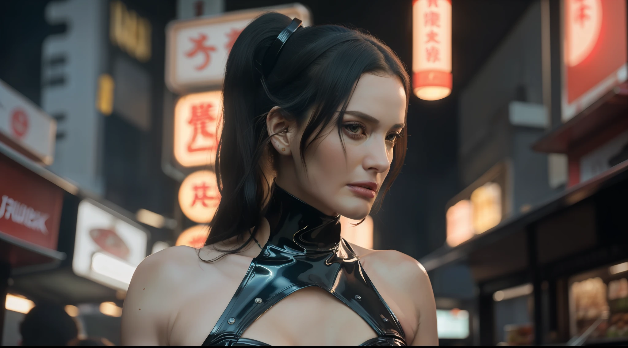 (8k, ARTISTIC photography, best quality, masterpiece: 1.2) ((Eva Green)) film still of a photorealistic beautiful afro-american woman, ( in front of a Japanese style food vendor wearing a futuristic red latex corset:1.5), cute face, slim body, luxury (edgerunner, geisha dress ):1.25, black hair, ponytail ((dynamic pose))) over-detailed face,, beautiful body, toned body, latex fetish, 8k uhd, SLR camera, soft lighting, high quality, film grain, Arri Alexa mini , , Cinematic lighting, octane render, complex, 8k resolution concept art portrait , edgerunner, blade runner, fractal isometrics details bioluminescence, hyperrealistic, photo awesome, gritty, realistic, (((pure 8K))), (((perfect anatomy))), extremely high-quality graphics, Riddley Scott, Blade Runner, Denis Villeneuve, Cyberpunk 2077 (((cinematic lighting))), ((clear details)), complex, highly detailed background,