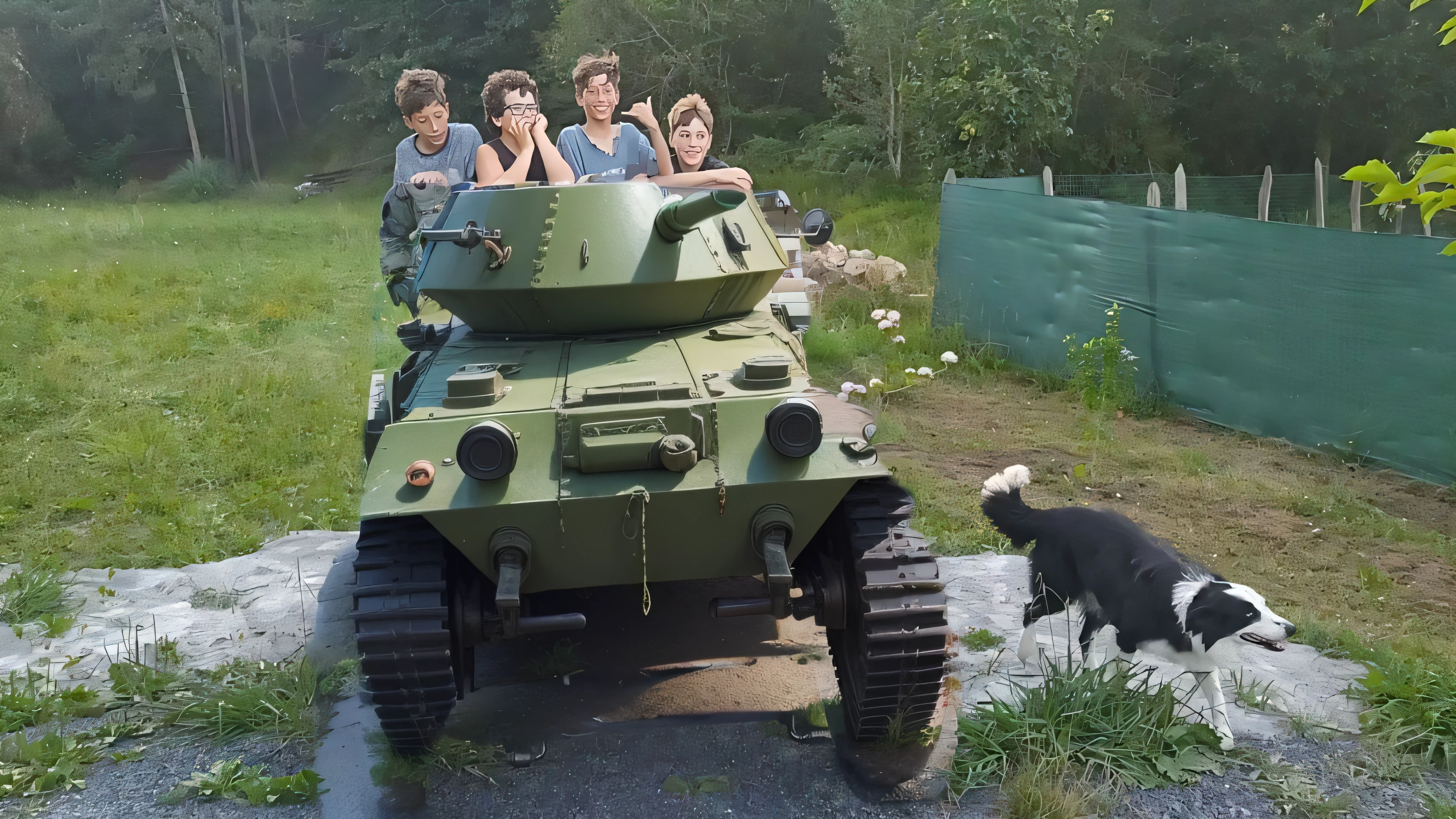 Un tanque de guerra, Hightly detailed, calesa, Abrir techo, con un portaequipajes,por Hideo Kojima, por Petr Brandl, capota, Perro mirando el tanque de guerra,color camuflage verde