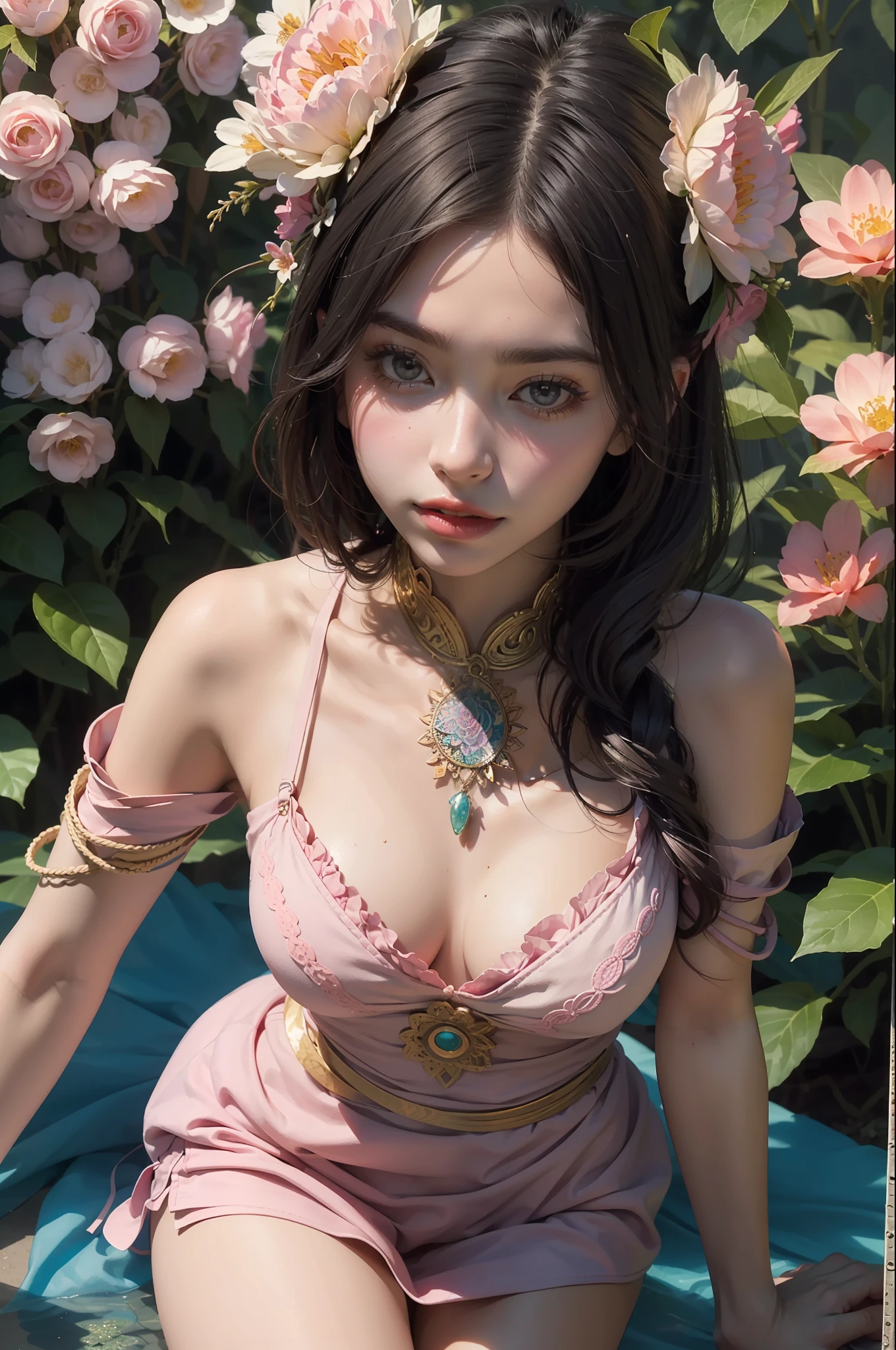 1girl, solo, waist up, from above, (zentangle, mandala, tangle, entangle), (flower blossom:1.2) official art, unity 8k wallpaper, ultra detailed, aesthetic, masterpiece, best quality, photorealistic