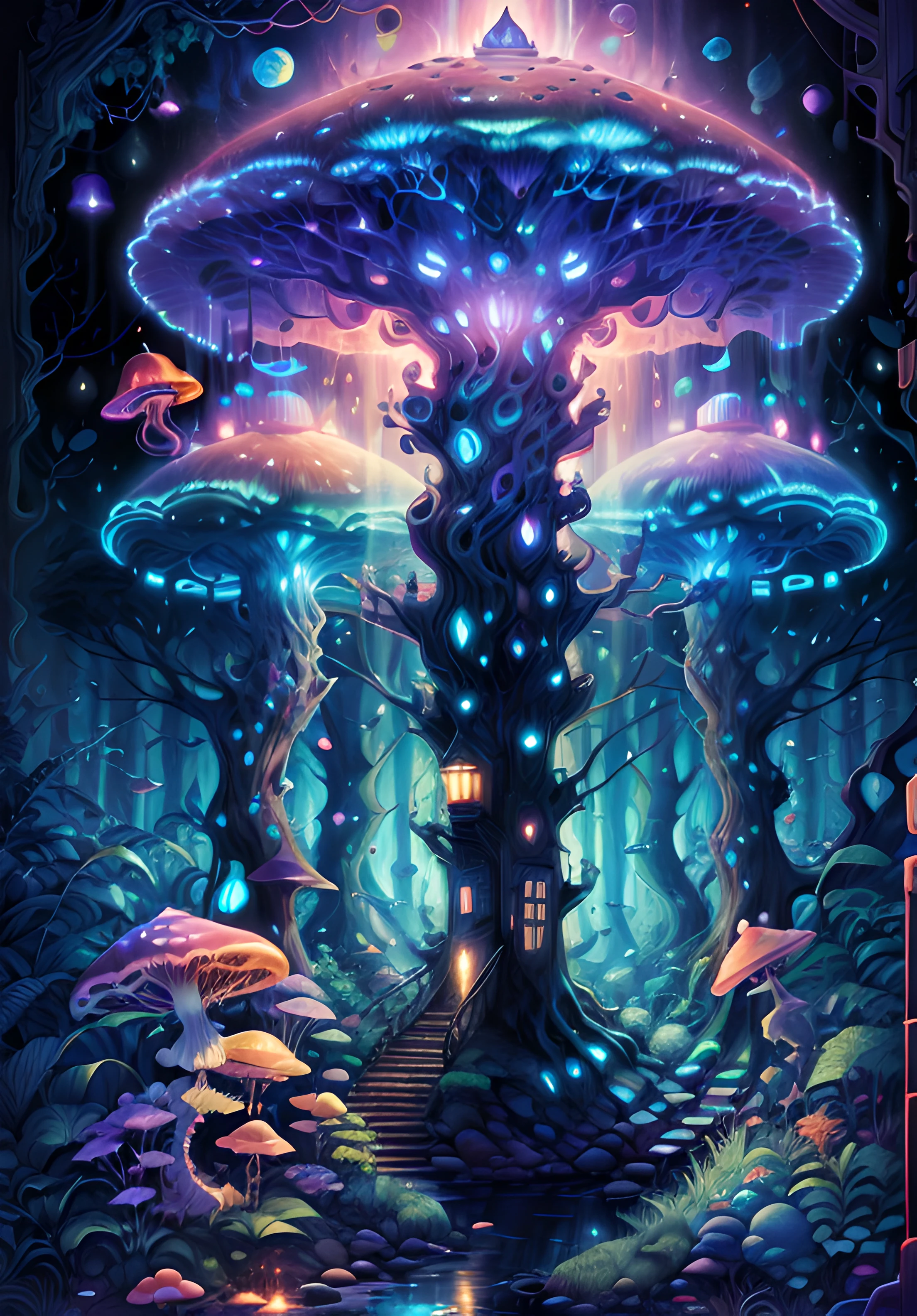 The mushroom world is my home. a realistic detail of a virtual glowing bioluminescent mushroom mega cities inside a floating jellyfish in the dark sea, metropolis in the dark at night is like a spiritual journey through a mushroom forest, cosmic, heavenly, god rays, ornate detail, cinematic, Professional, masterpiece, commissioned, best quality, Color Corrected, fixed in post, CHV3SSciFi, CHV3SUrban, CHV3SWorld, CHV3SMacro, CHV3SDark