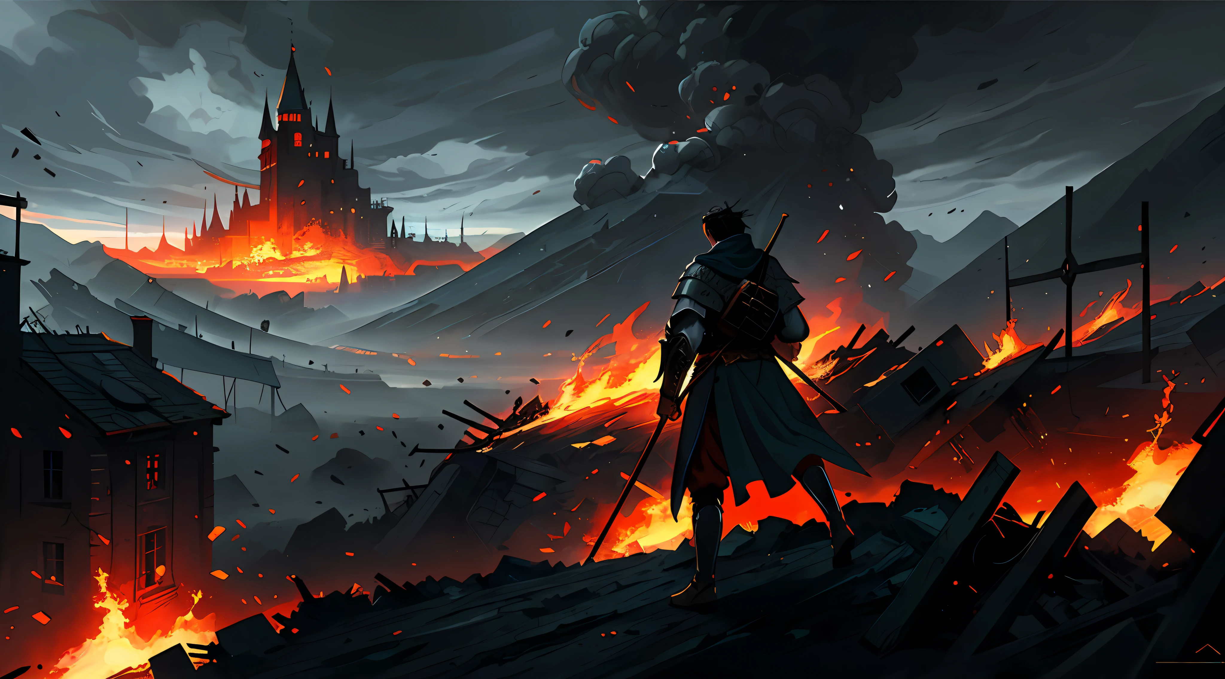 A detailed and intricate digital illustration of a medieval warrior in a field from which there was a war, looking at the chaos of destruction around him, (((somente))), War landscape with dark ground, detritos, burnt floor, arte feita por Greg Rutkowski, ultra detalhada, trending on ArtStation, beautiful lighting, semi-realista, intrincado, folhas ao vento, Arte medieval, medieval, fantasia medieval, 4k, Pintura Digital 4K