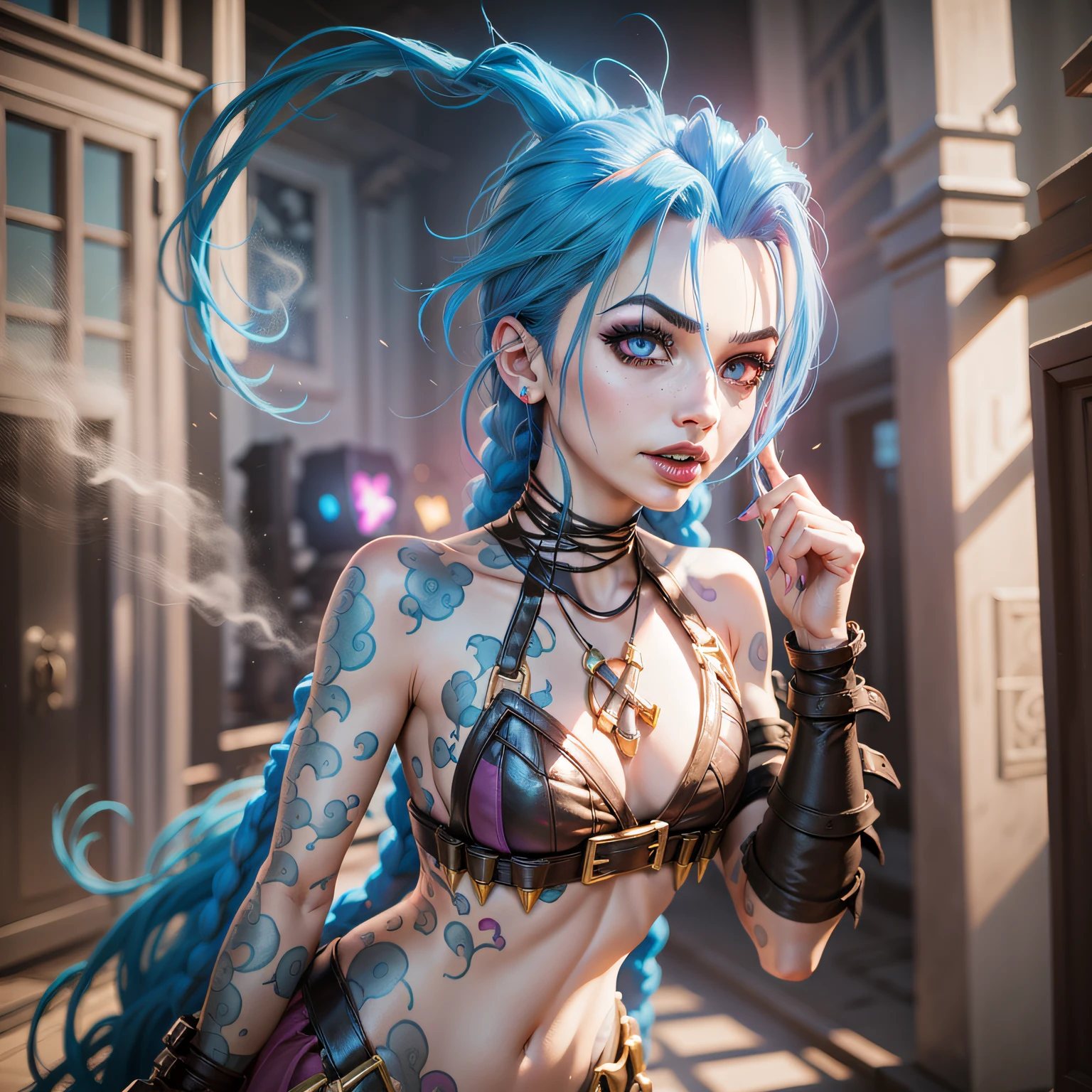 Arafed Mujer con cabello azul y tatuajes en una playa, Jinx de Arcane, Jinx de League of Legends, Retrato de Jinx de Arcane, deviantart artstation cgscosiety, Renderizado 3D de arte de personajes 8 k, Ganador del concurso Artstation, pifia, Anime estilo 3D, Ganador del concurso CGSOCIETY!!, Modelo IG | Artgerm, Jinx arcano