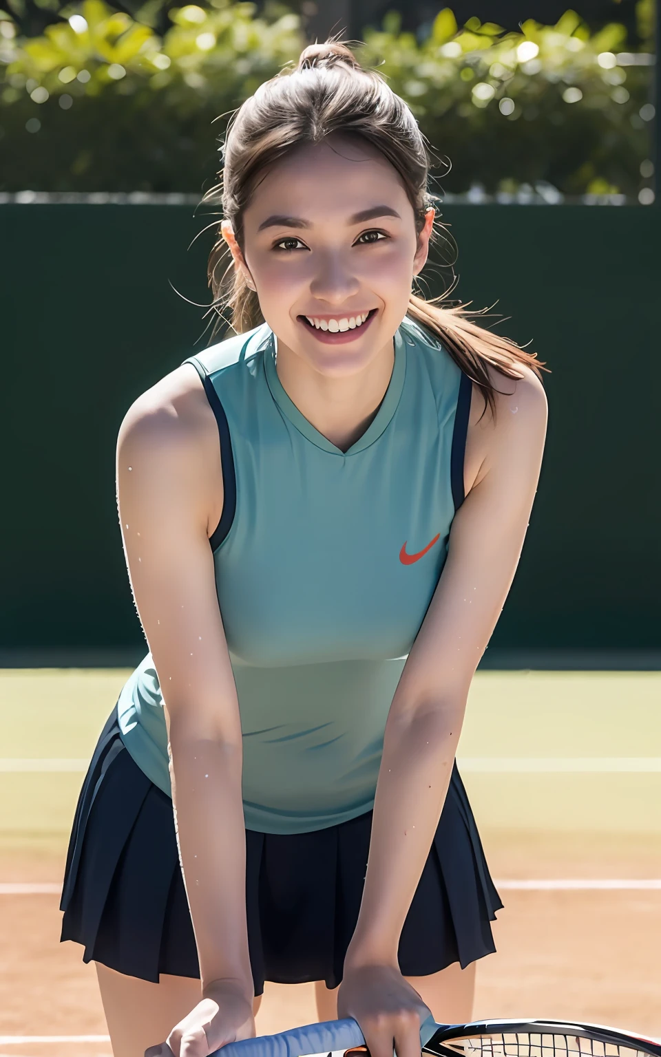 Highly detailed CG Unity 8K wallpaper, With the highest quality, super detailed, Master Piece, Realistic, photograph realistic, extremely detailed cute girl, 25 years old, (tennis wear), (((perspired))), (((sweaty skin))), smile, Round eyes, medium breasts, looking viewer, cowboy shot , tennis court , leaning forward