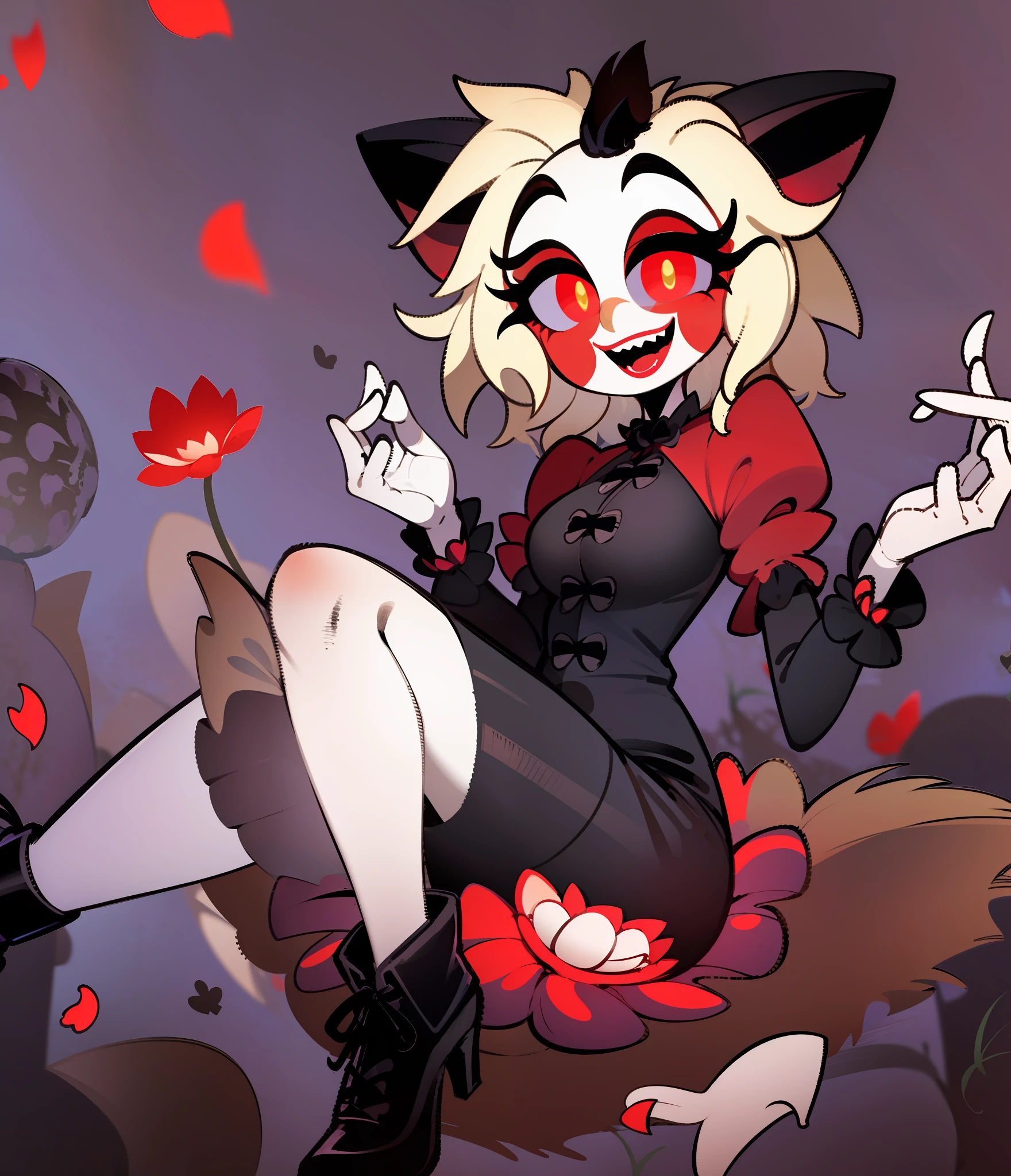 Cloverdemon, clover face, face de la plante, , red petals, black petals, Clown, pale skinned, sourire, contenu, suffisant, hazbin hotel style, seul, cour, cheveux, Solo Focus,, full body