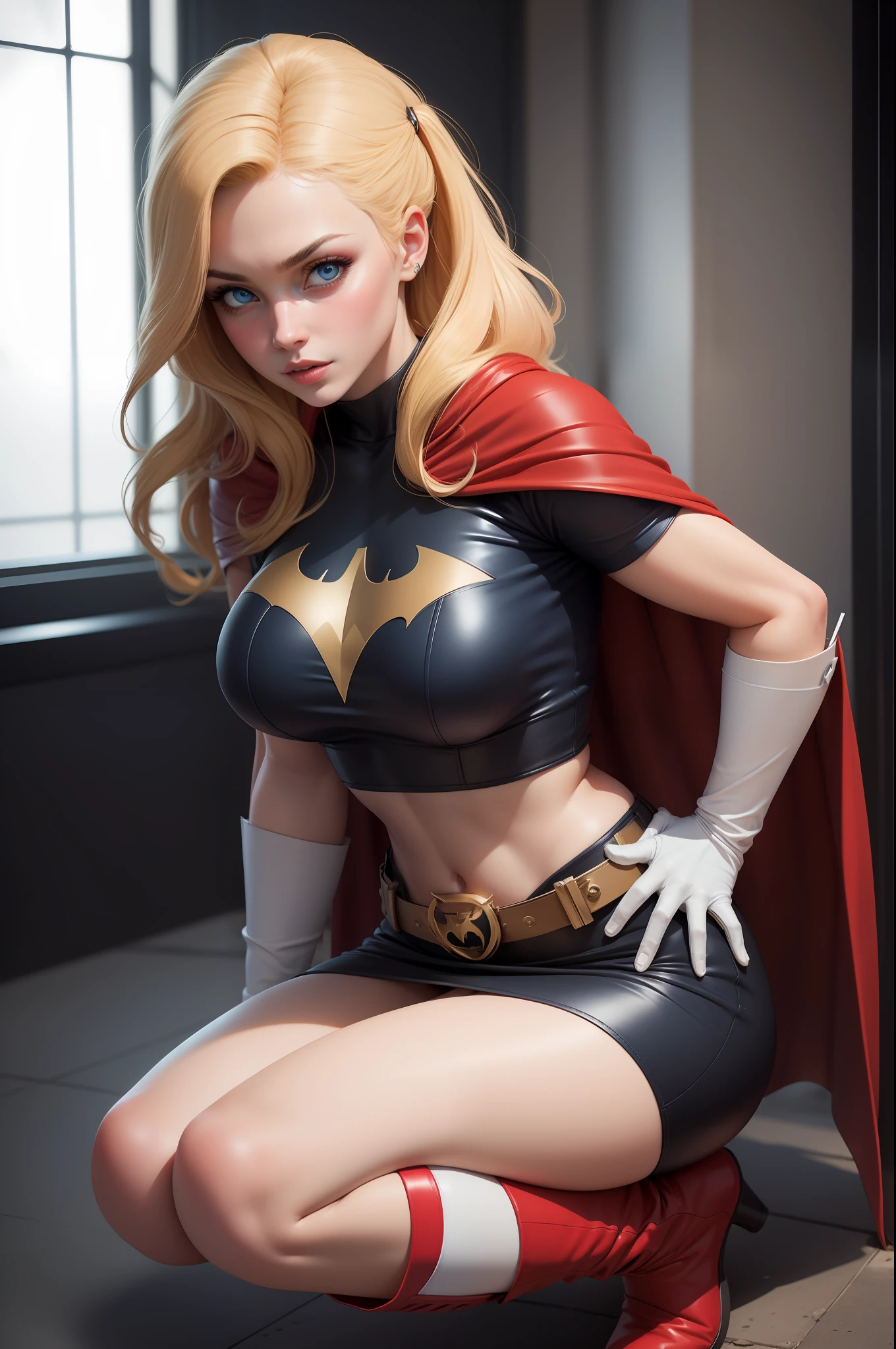 Sexy Batgirl long blonde hair and blue eyes, black hair band, white croptop, short sleeves, red cape, blue pencil skirt, red boots, white gloves