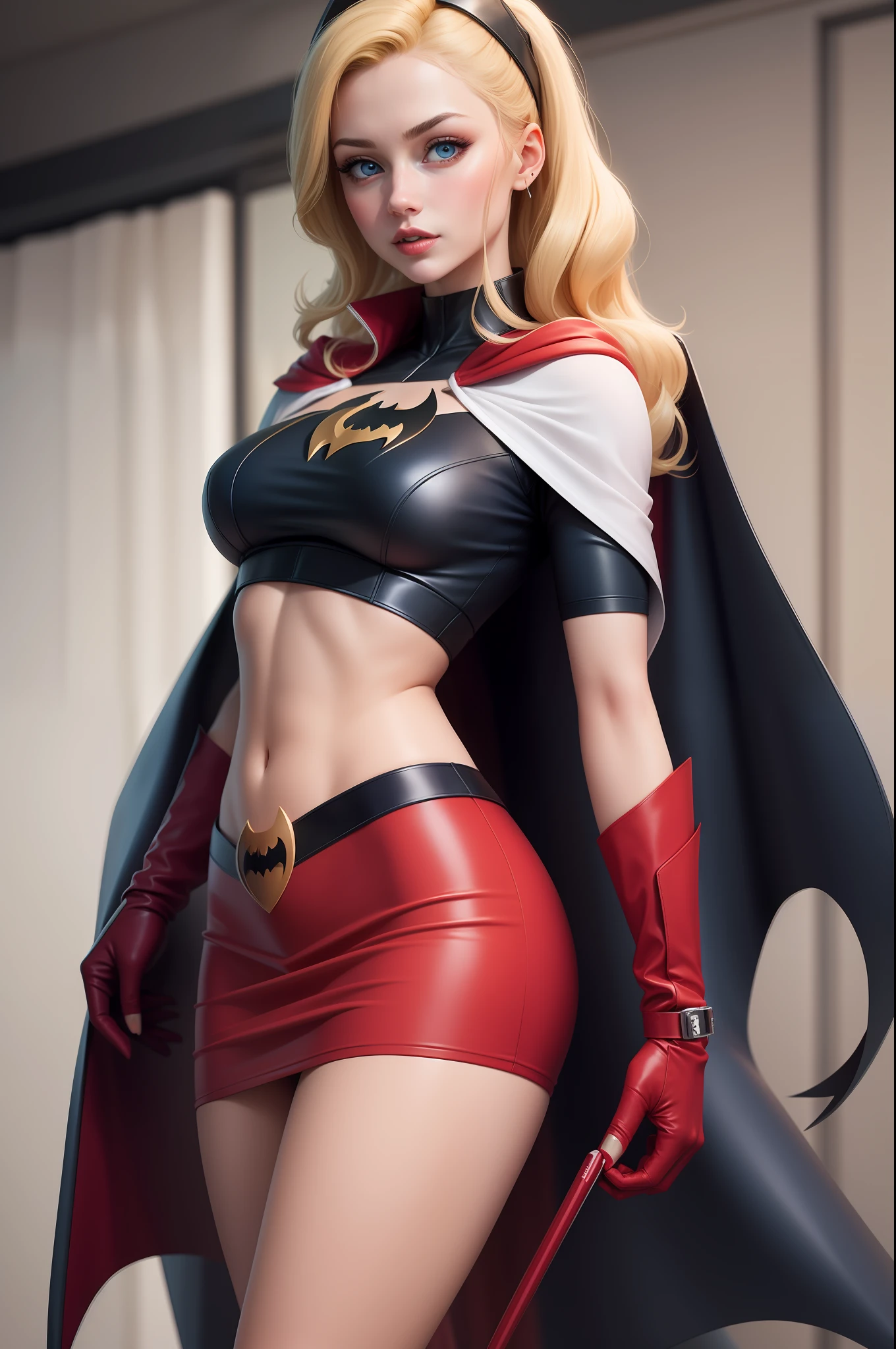 Sexy Batgirl long blonde hair and blue eyes, black hair band, white croptop, short sleeves, red cape, blue pencil skirt, red boots, white gloves