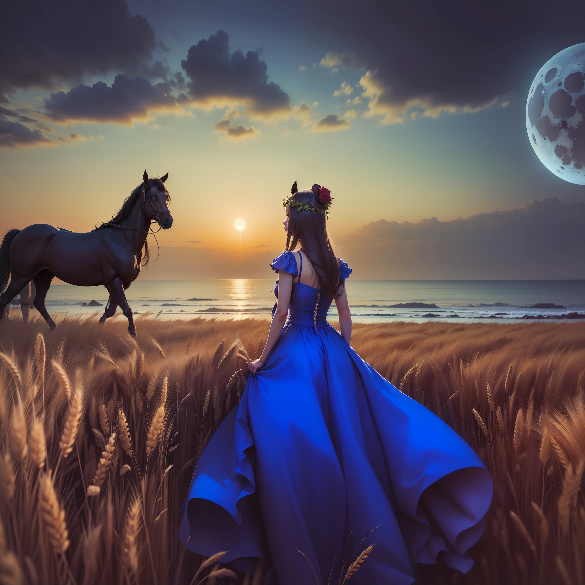 A girl in a field of wheat wearing a blue dress by the sea, the moon and the sun setting on a horse of roses --auto