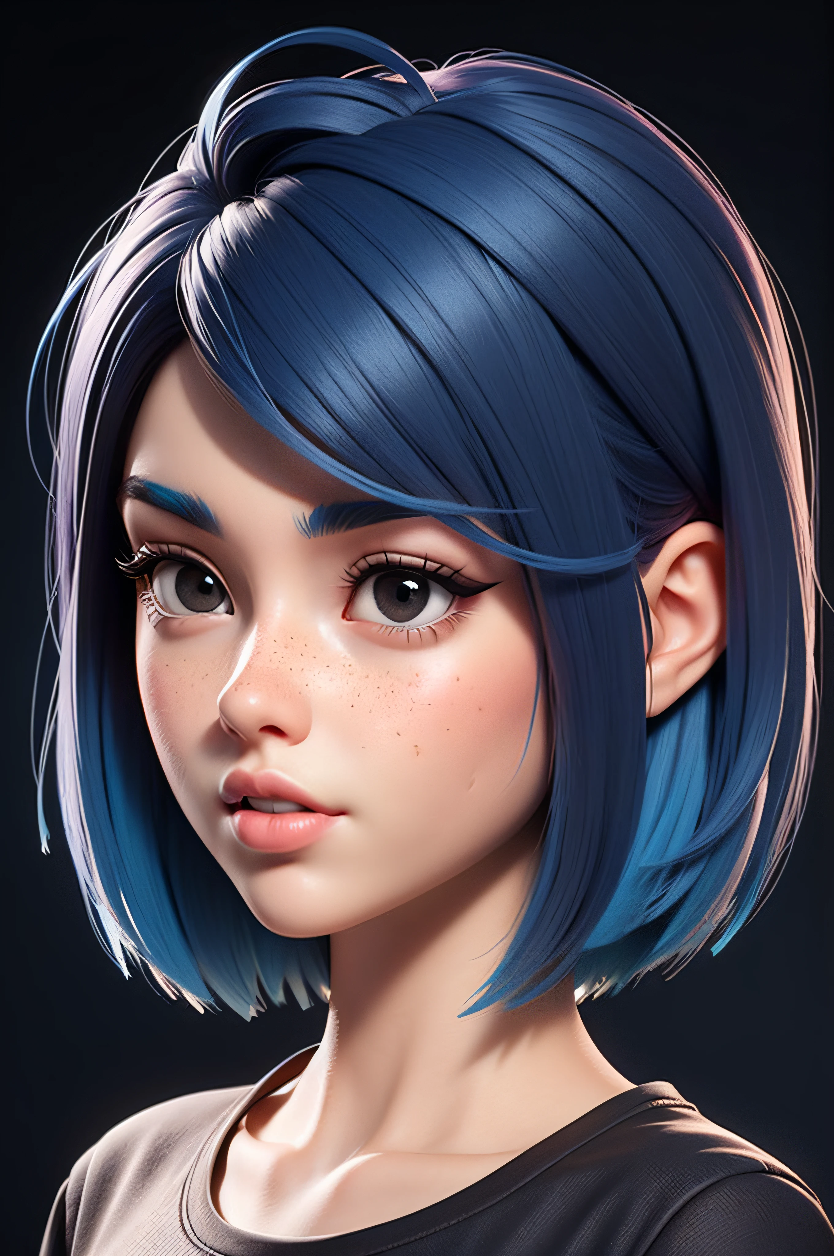 Masterpiece, Best Quality, 3D Rip Artwork, 3DMM Style, Close-up, Portrait, Realism, Solo Girl, Colorful Hair, Blue Hair, Brunette Hair, Freckles, Bi-color Hair, Look to the Side, Simple Background, Black Eyes, Short Hair & Bangs, Parted Lips, Challenge Eye, Black Shirt, Shirt Detail, Watermark Treatment.