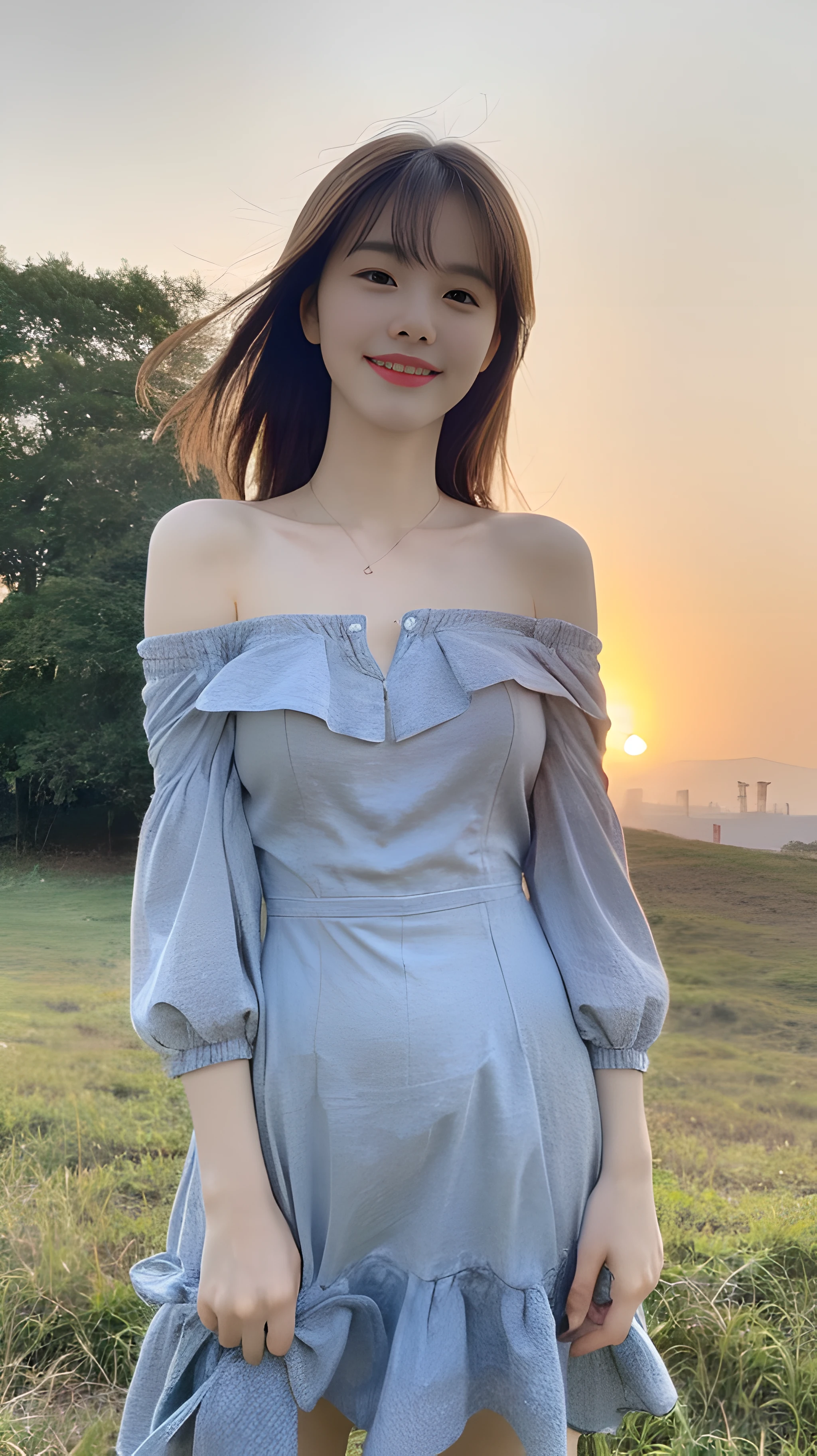 (1 Korean star with royal sister style), ((Best quality, 8K, 巨作: 1.3)), focal point: 1.2, Perfect body proportions: 1.4, (Make a smile), (Sunset: 1.3),  Watery eyes, highly detailed face and skin textures, Fine eyes, Double eyelids, Whitens the skin, (length hair, Air bangs: 1.3), (Round face inches: 1.5), (off the shoulder dress: 1.4),（（ In the countryside，sitted。））  The blue sky is beautiful。Play with a cute kitten