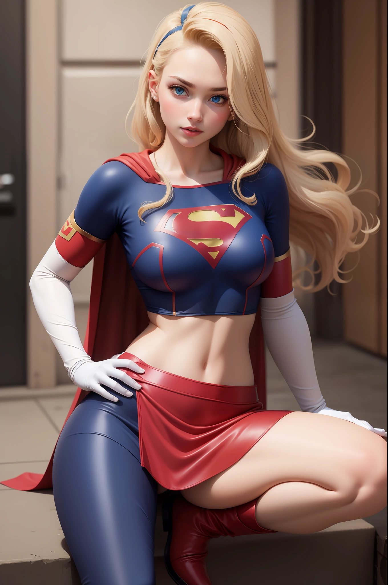 sexy Supergirl long blonde hair and blue eyes, black hairband, white croptop, short sleeves, red cape, blue pencil skirt, red boots, white gloves