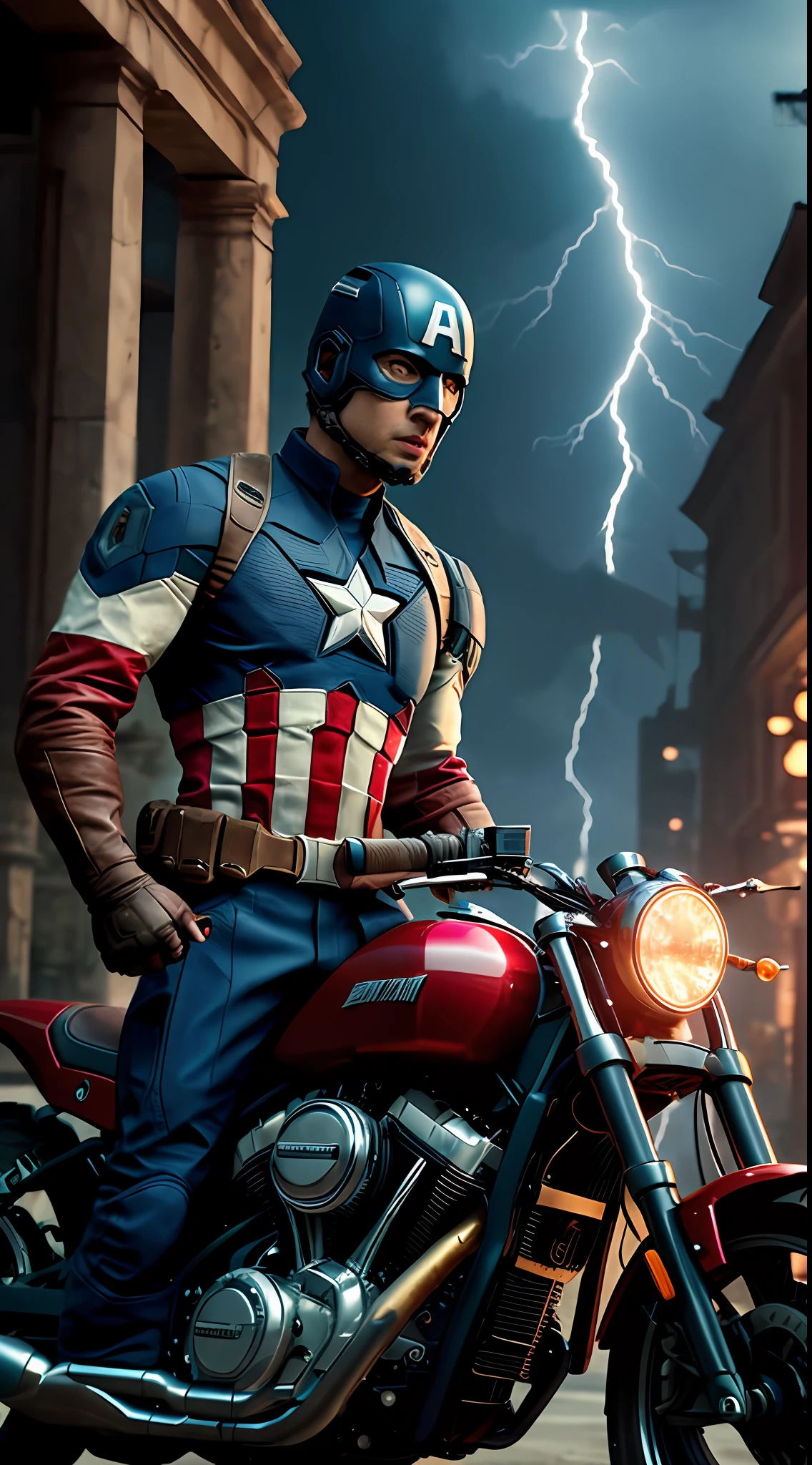masterpiece, best quality, 8k, captain america with motorcycle. Professional photograph of a stunning man detailed, cinematic lightning, octane render, unreal engine, volumetrics dtx --auto