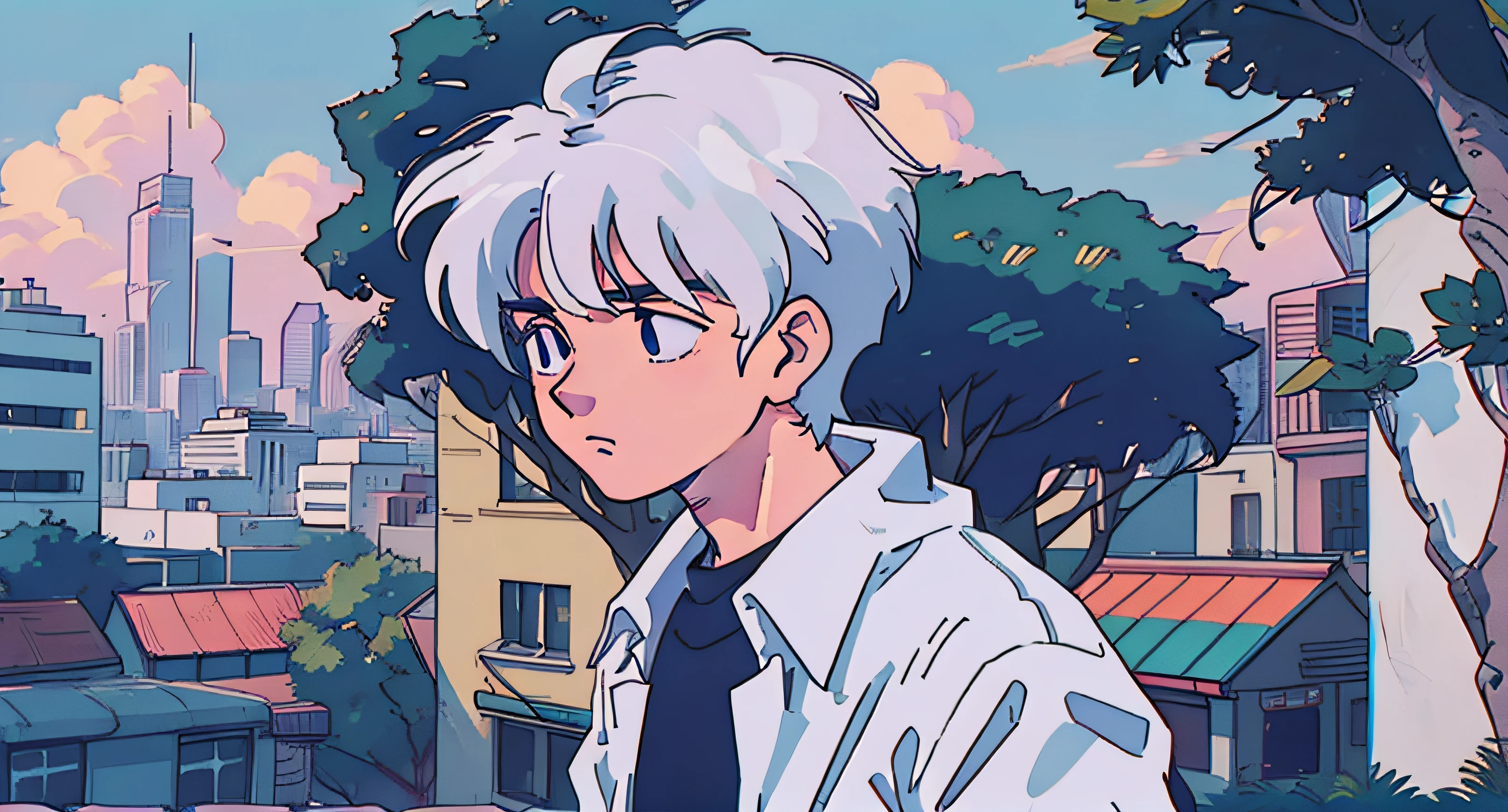 1 boy, muted pastel colors, retro anime, 1990s anime, white hair, city