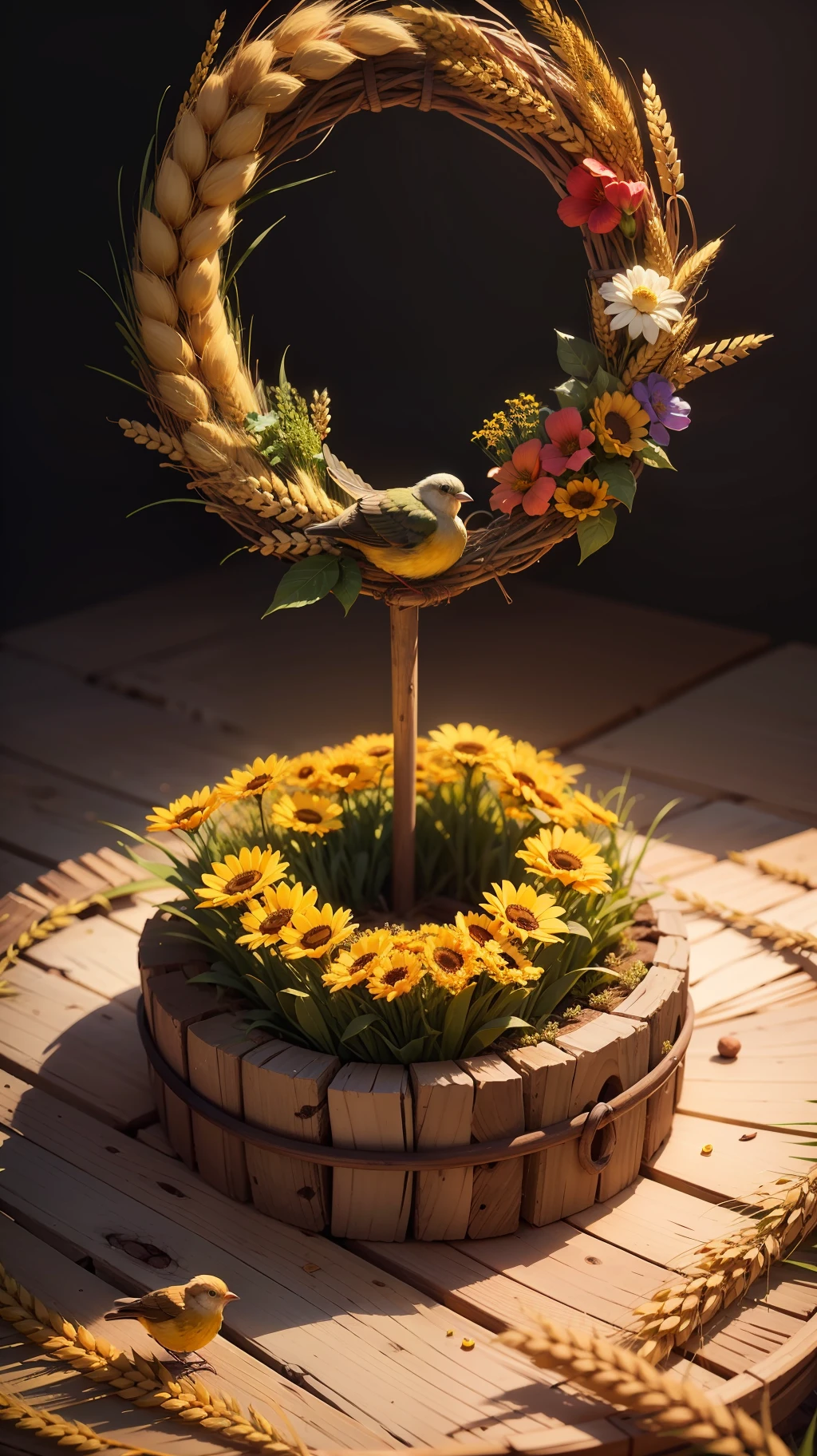 Round wreath of wildflowers and golden wheat, with a small bird's nest in the center. --auto