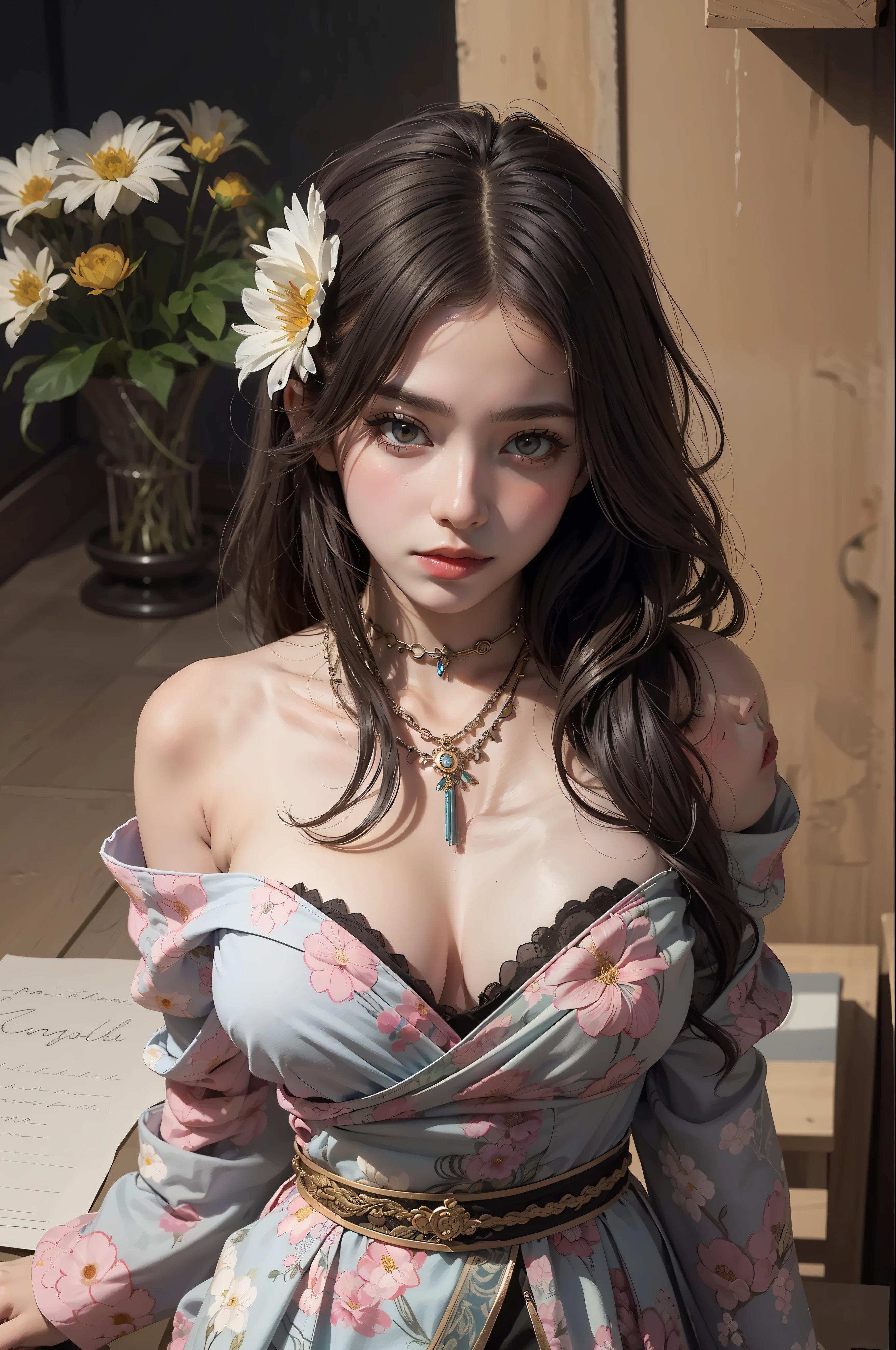 1girl, solo, waist up, from above, (zentangle, mandala, tangle, entangle), (flower blossom:1.2) official art, unity 8k wallpaper, ultra detailed, aesthetic, masterpiece, best quality, photorealistic