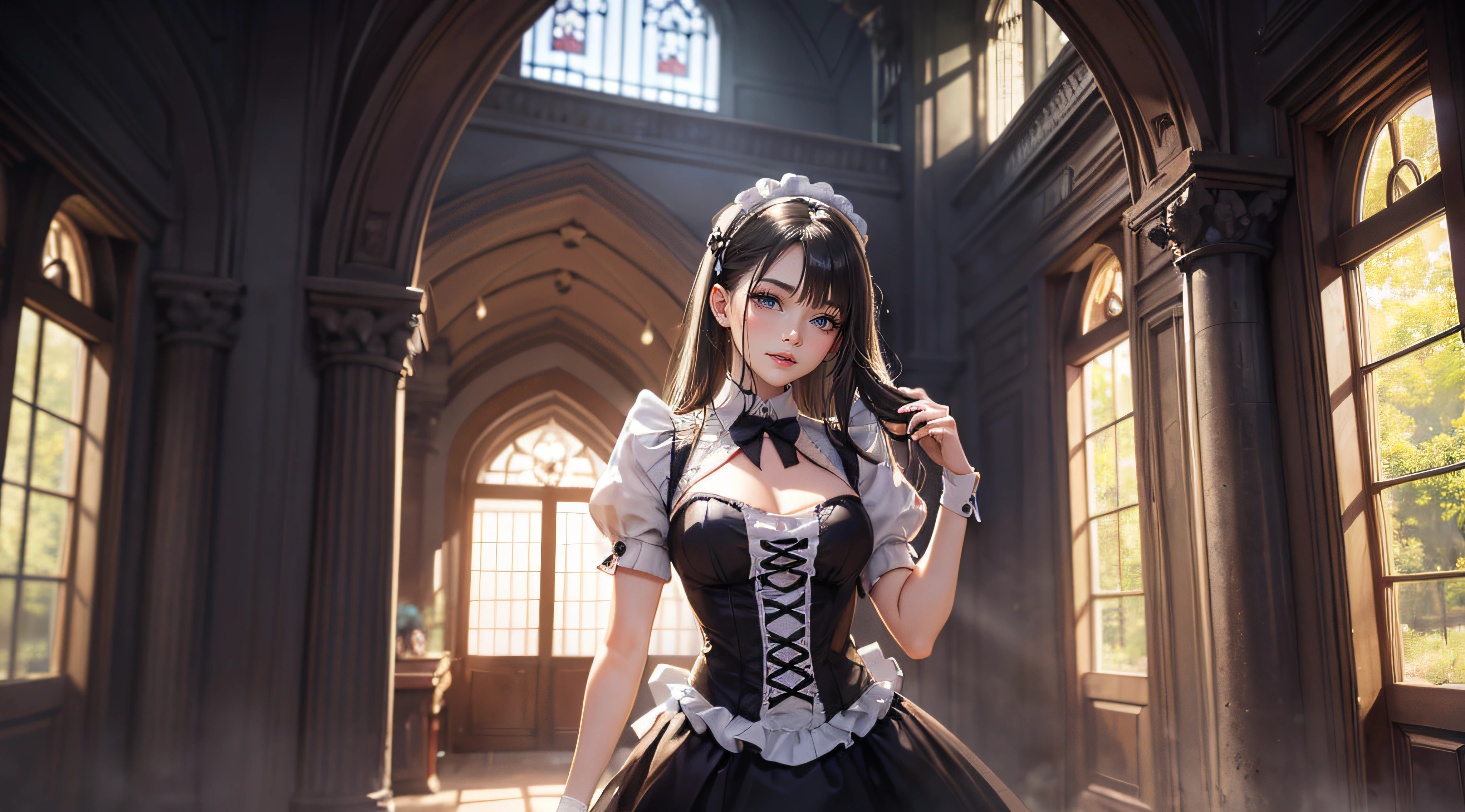 A stunning photograph of a girl in ???? maid outfit, standing in an old manor, captured in a naturalistic style by photographers Sam Yang and Ross Tran. The scene is highly-detailed, with intricate textures on the lady's clothing and sharp focus on the surrounding buildings. The lighting is bright and optimistic, with the sunlight creating a warm glow and a sense of hope and positivity,