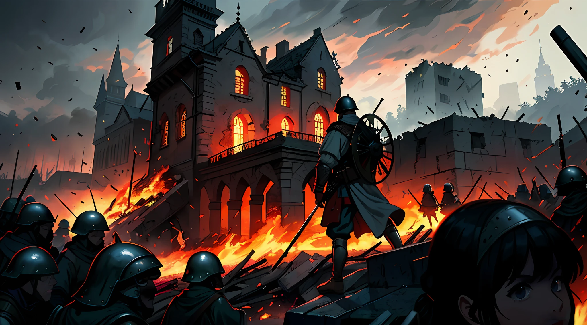 A detailed and intricate digital illustration of a medieval warrior on a medieval battlefield, Looking at the chaos of destruction in the open air, (((Medieval army crowd))), War landscape with dark ground, detritos, burnt floor, arte feita por Greg Rutkowski, ultra detalhada, trending on ArtStation, beautiful  lighting, semi-realista, intrincado, folhas ao vento, Arte medieval, medieval, fantasia medieval, 4k, Pintura Digital 4K
