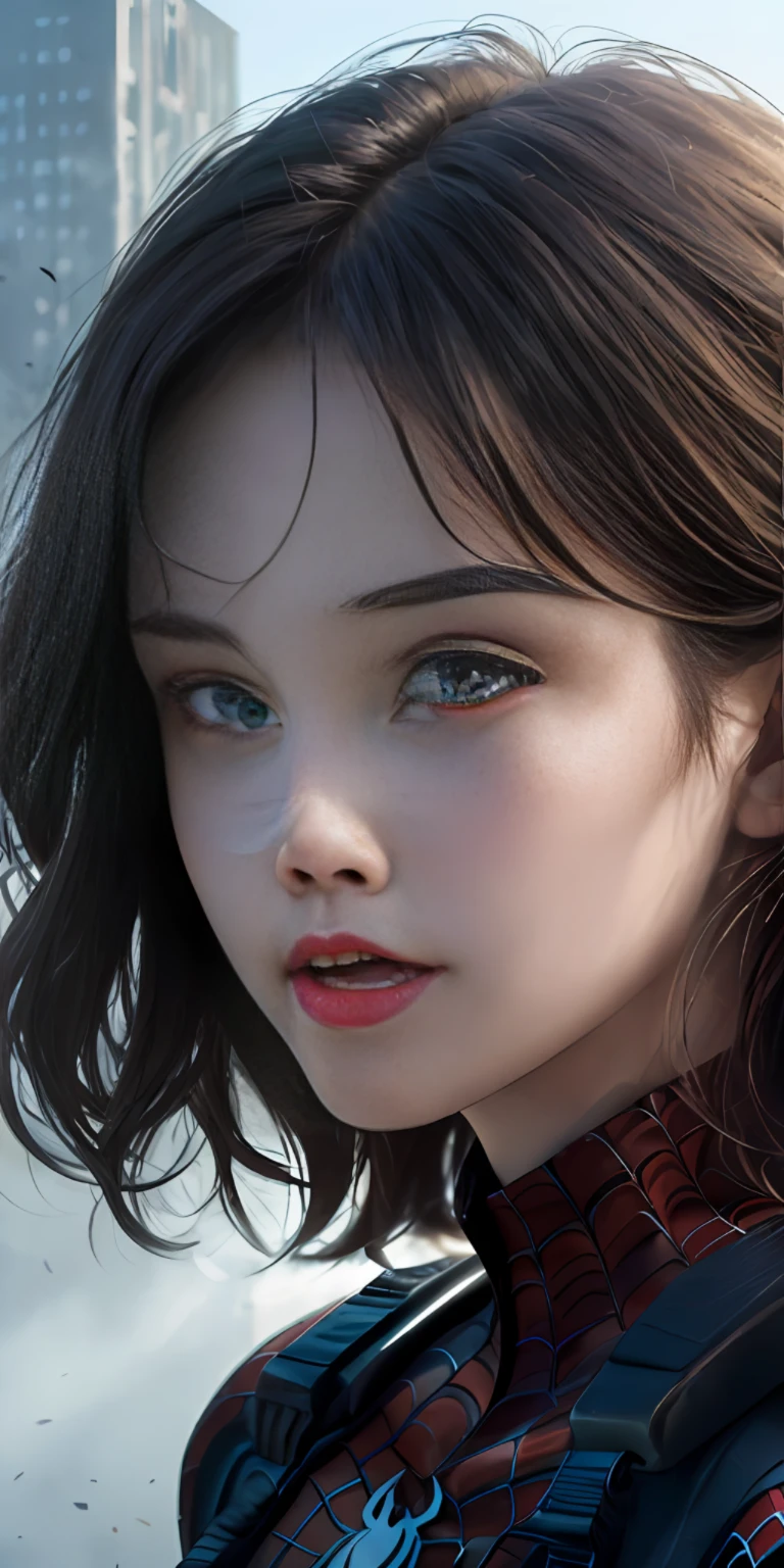 (1girl:1.3), solo, (((extremely detailed face))),(((extremely detailed eyes and face))),beautiful detailed eyes,body-parts__, official art, unified 8k wallpaper, super detailed, beautiful and aesthetic, beautiful, masterpiece, best quality, raw, masterpiece, super fine photo, best quality, super high resolution, photorealistic realism, sunlight, full body portrait, amazing beauty,, dynamic pose, delicate face, vibrant eyes, (from the front), she is wearing a Spider-man suit, red and black color scheme, spider, very detailed abandoned warehouse background, Detailed face, detailed complex busy background, messy, gorgeous, milky white, highly detailed skin, realistic skin details, visible pores, sharp focus, volumetric fog, 8k uhd, DSLR, high quality, film grain, fair skin, photo realism, lomography, huge metropolis in future dystopia, seen from below, translucent