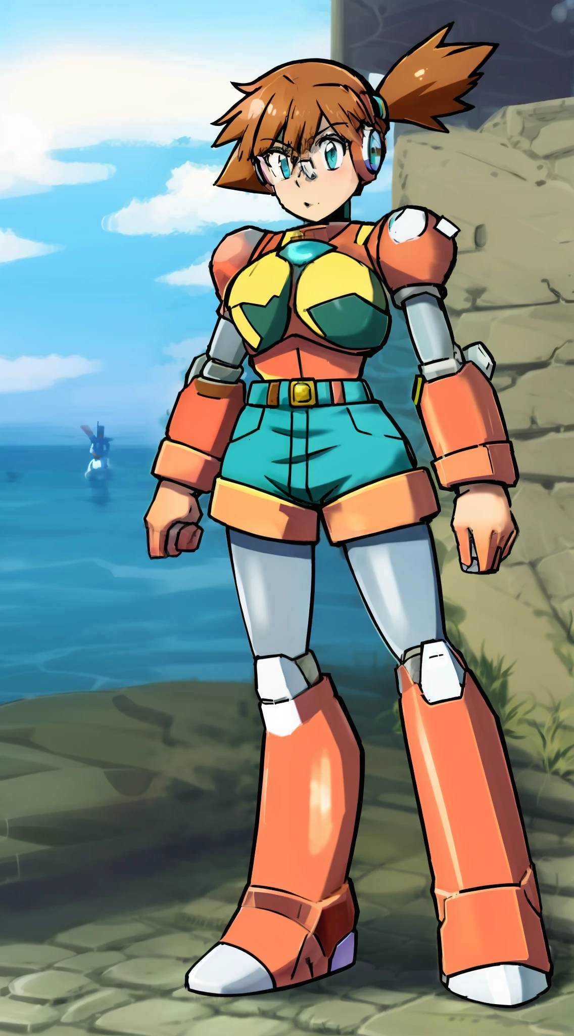 1Girl, Heavily armored, cybernetic heavy armor glasses partially see-through, arm gloves, knee-height skirt, heavy cybernetic boots, heavy cybernetic arms, heavy cybernetic torso, waist belt, eyes underneath glasses, megamanX heavy armor, bulky megamanX armor, reploid armor, Pokemon_Misty Face, Brown Hair, Armored cone dress, Extremely Heavy body armor
