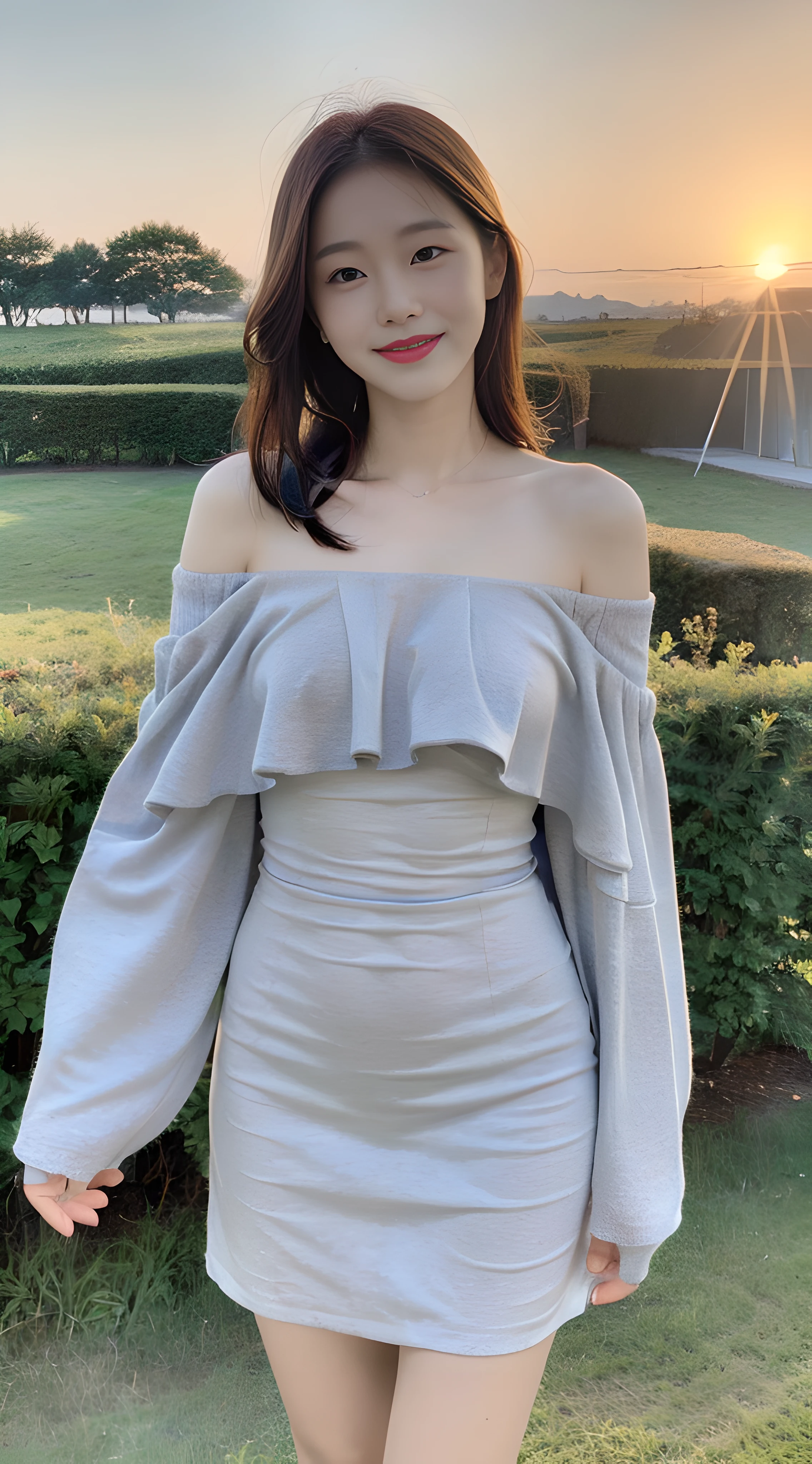 (1 Korean star with royal sister style), ((Best quality, 8K, 巨作: 1.3)), focal point: 1.2, Perfect body proportions: 1.4, (Make a smile), (Sunset: 1.3),  Watery eyes, highly detailed face and skin textures, Fine eyes, Double eyelids, Whitens the skin, (length hair, Air bangs: 1.3), (Round face inches: 1.5), (Summer off-the-shoulder dress: 1.4), In the countryside，sitted