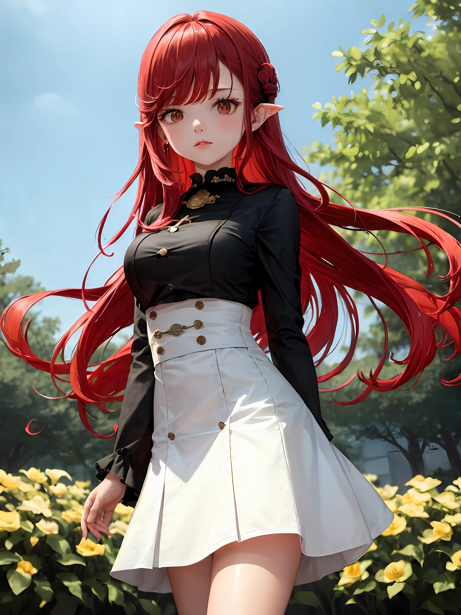 1girl huge large breasts, Single person，Loli， (巨作:1.1), (Best quality:1.1),  Break [Blue:peach red:0.5] Theme, Cowboy shot,Cinematic light， Exquisite facial features，(perfect hand:1.5)，Long red hair，Short white skirt，standingn，flatchest，Garden background