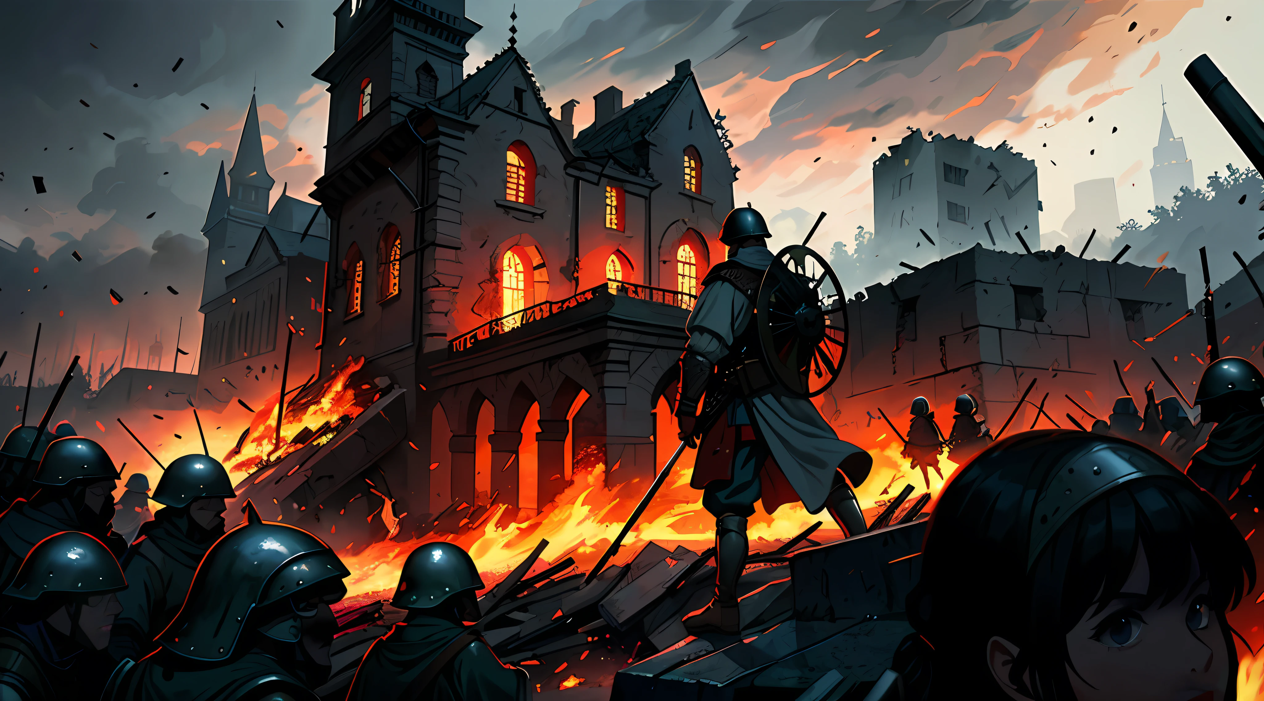 A detailed and intricate digital illustration of a medieval warrior on a medieval battlefield, Looking at the chaos of destruction in the open air, (((Medieval army crowd))), War landscape with dark ground, detritos, burnt floor, arte feita por Greg Rutkowski, ultra detalhada, trending on ArtStation, beautiful lighting, semi-realista, intrincado, folhas ao vento, Arte medieval, medieval, fantasia medieval, 4k, Pintura Digital 4K