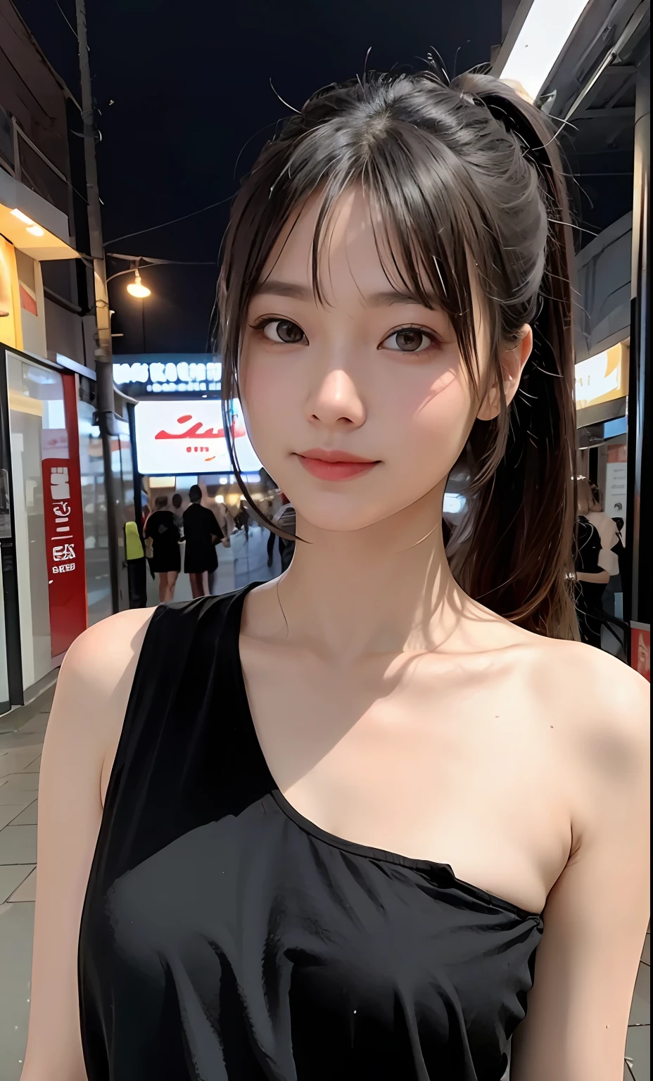 Close-up shot, 55mm canon lens, volumetric lighting, Fujifilm XT3 lens, upper body portrait, a young woman from Asia, Japanese, 18 years old, happy, cute face, fair skin, light blonde hair, ponytail haircut, wearing a black dress, large breasts, cyberpunk dark alley in the background, rain, signs, neon, high resolution image, Detailed texture, realistic depth of field