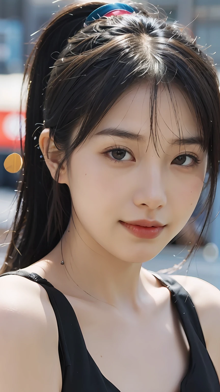 Close-up shot, 55mm canon lens, volumetric lighting, Fujifilm XT3 lens, upper body portrait, a young woman from Asia, Japanese, 18 years old, happy, cute face, fair skin, black hair, ponytail haircut, wearing a black dress, cyberpunk city in the background, rain, signs, neon, high resolution image, detailed texture, Realistic depth of field