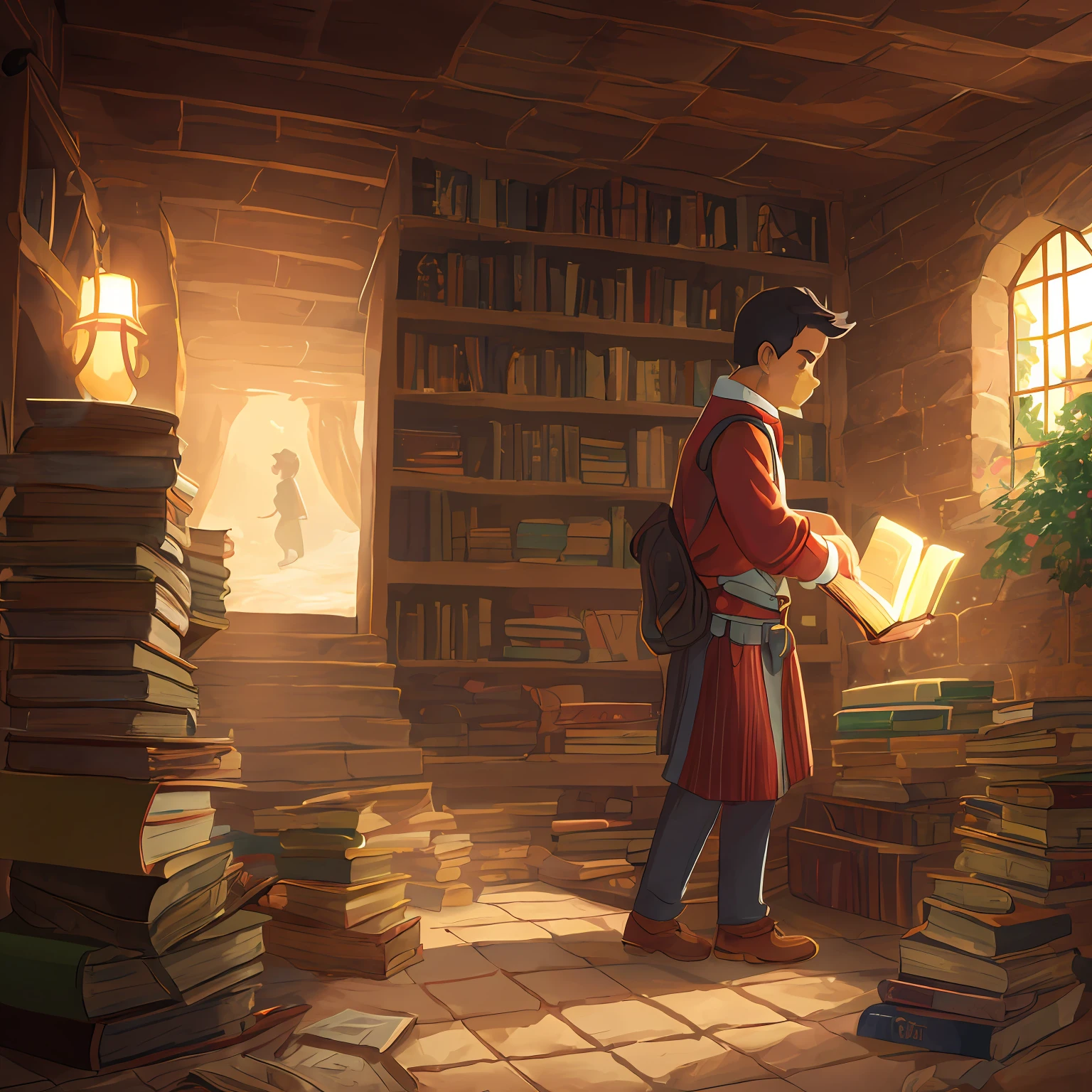 Um garotinho incrivelmente charmoso carregando uma mochila,
Finding a magic book in a basement.
The illustration is in high definition in 4k resolution,
com recursos faciais altamente detalhados e visuais em estilo cartoon --auto