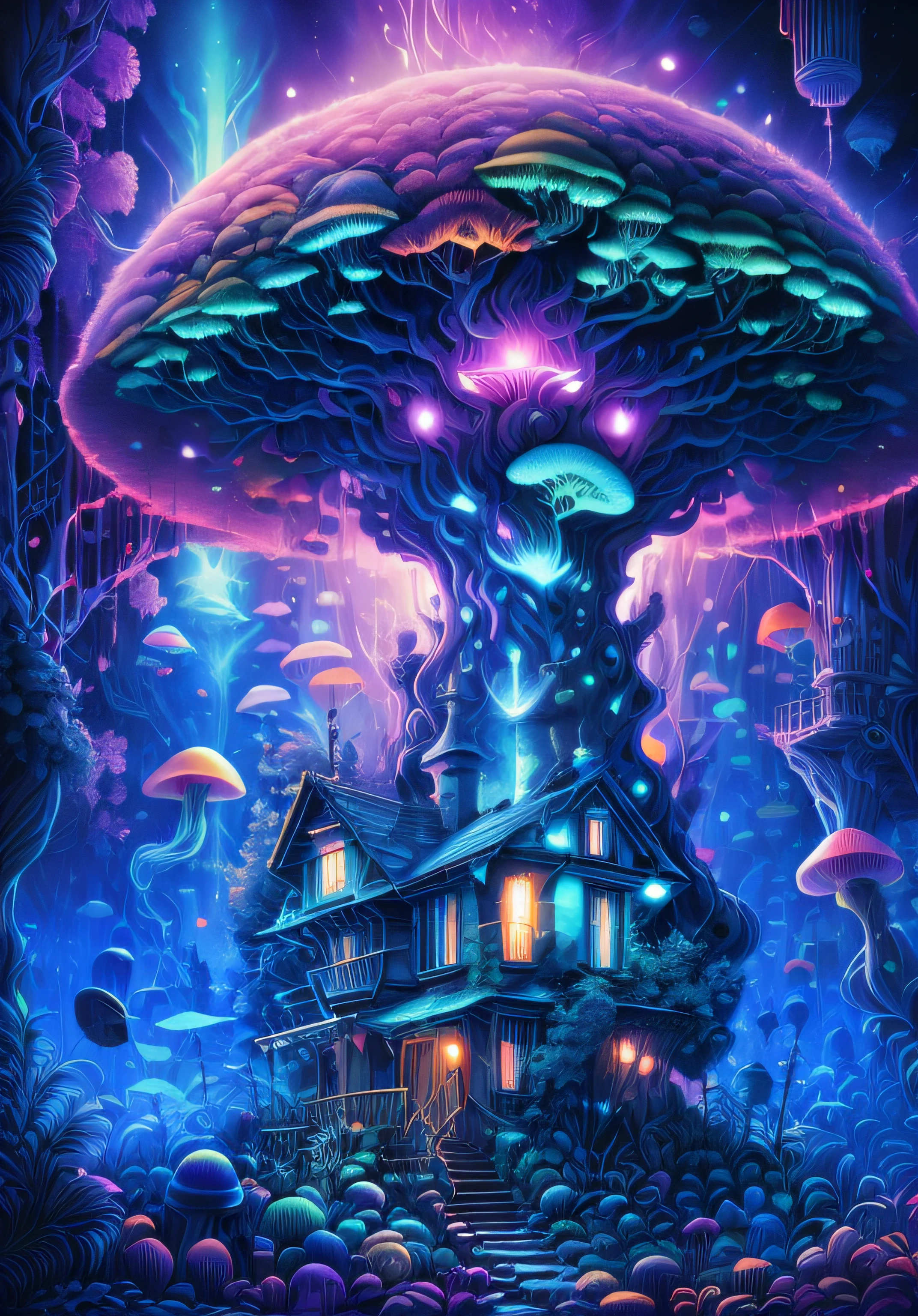 The mushroom world is my home. a realistic detail of a virtual glowing bioluminescent mushroom mega cities inside a floating jellyfish in the dark sea, metropolis in the dark at night is like a spiritual journey through a mushroom forest, cosmic, heavenly, god rays, ornate detail, cinematic, Professional, masterpiece, commissioned, best quality, Color Corrected, fixed in post, CHV3SSciFi, CHV3SUrban, CHV3SWorld, CHV3SMacro, CHV3SDark