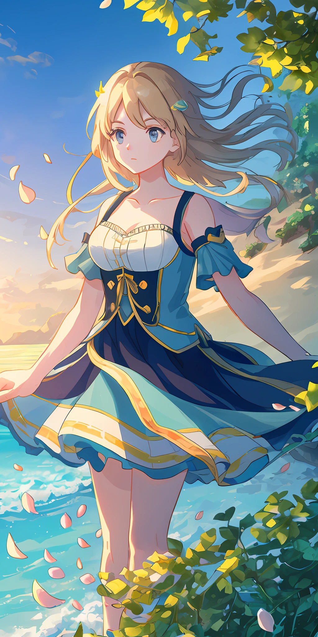 Masterpiece, best quality, (very detailed CG unity 8k wallpaper) (best quality), (best illustration), (best shadows) Nature&#39, blue sea,delicate leaves petals of various colors falling in the air light Tracking, super detailed --v6
