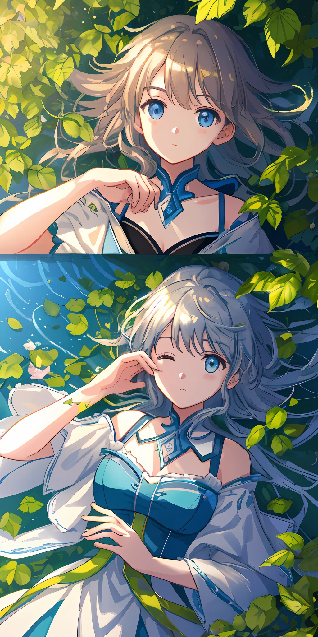 Masterpiece, best quality, (very detailed CG unity 8k wallpaper) (best quality), (best illustration), (best shadows) Nature', blue sea,delicate leaves petals of various colors falling in the air light Tracking, super detailed --v6