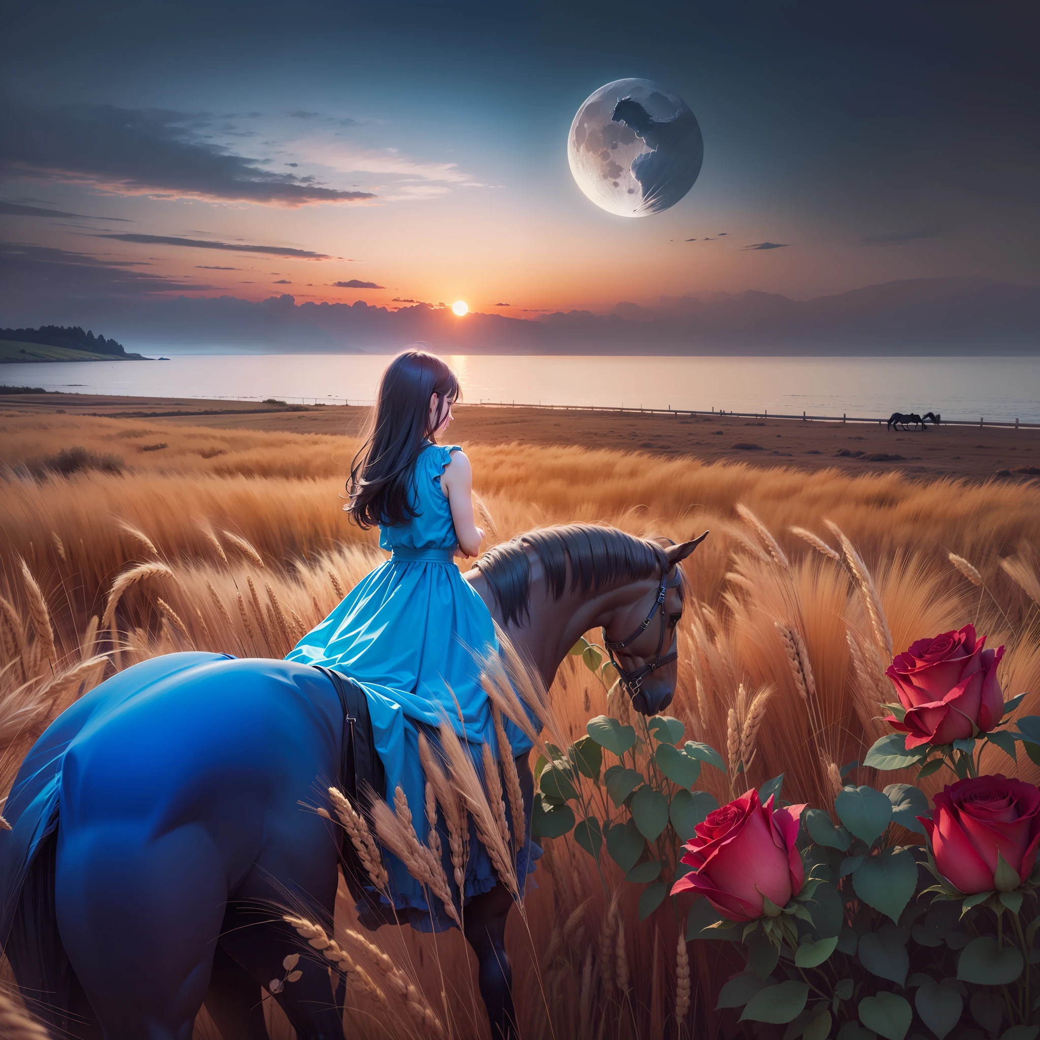 A girl in a field of wheat wearing a blue dress by the sea, the moon and the sun setting on a horse of roses --auto